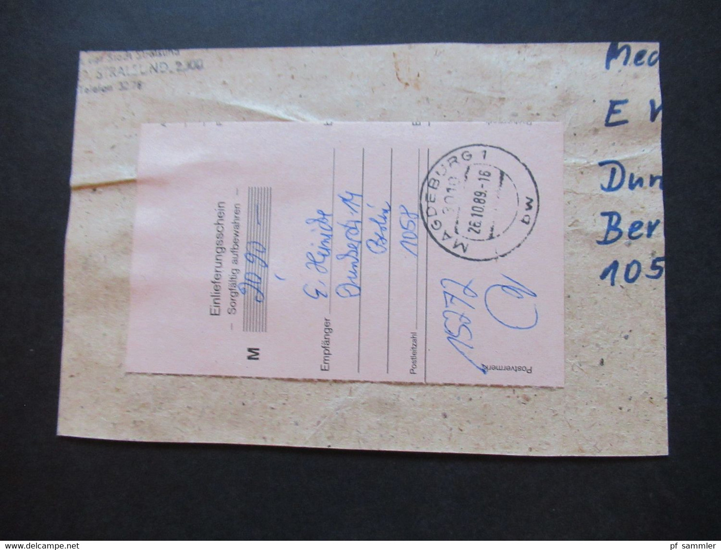 DDR 1989 Einschreibe Gebührenzettel Sb Postämter 1057 Berlin Nachnahme Wirtschaftspaket Mit Einlieferungsschein - Cartas & Documentos