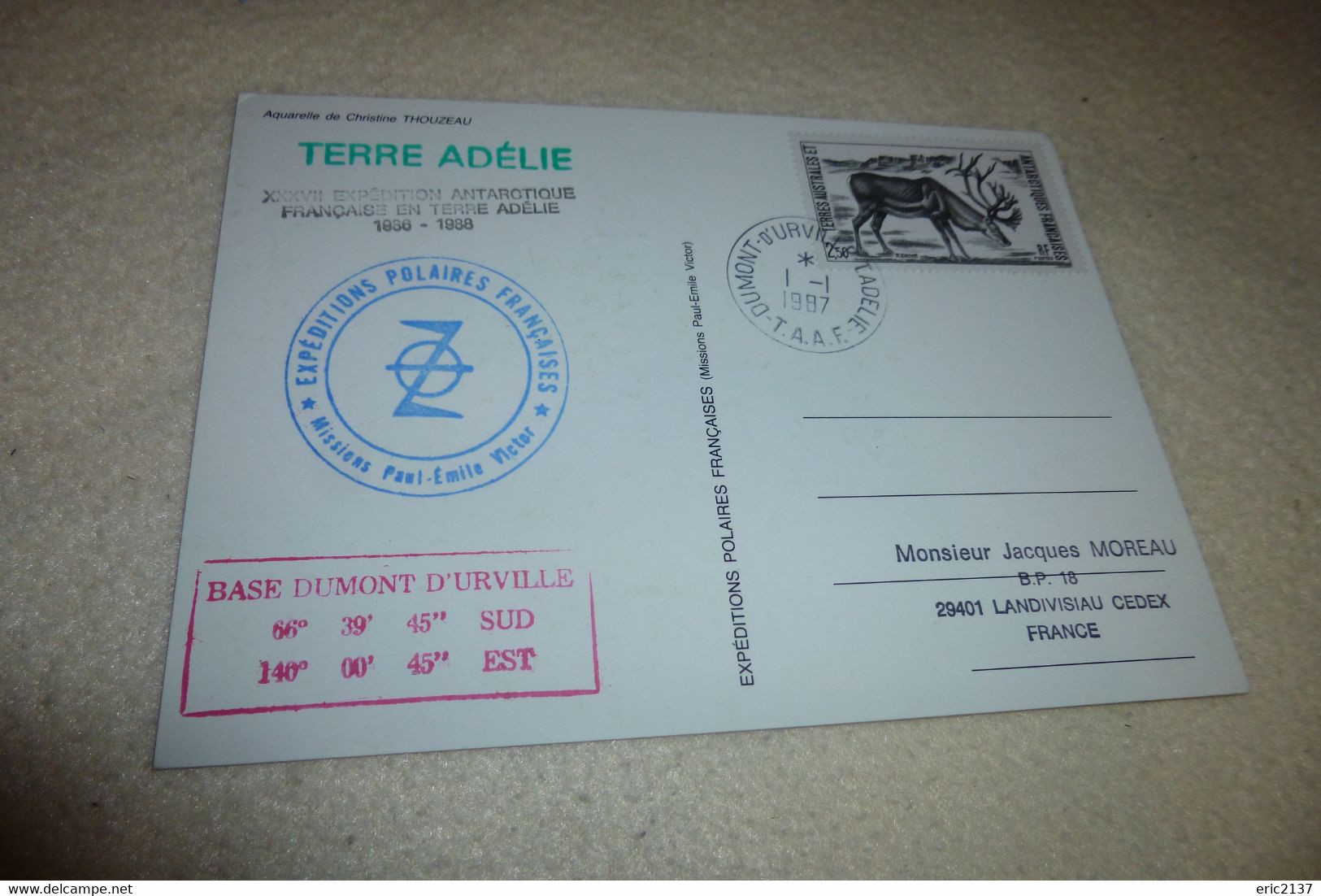 BELLE ILLUSTRATION DE C. THOUZEAU..CACHET TERRE ADELIE ..XXXVII EXPEDITION ANTARCTIQUE FRANCAISE 1986-1988 - TAAF : Territori Francesi Meridionali