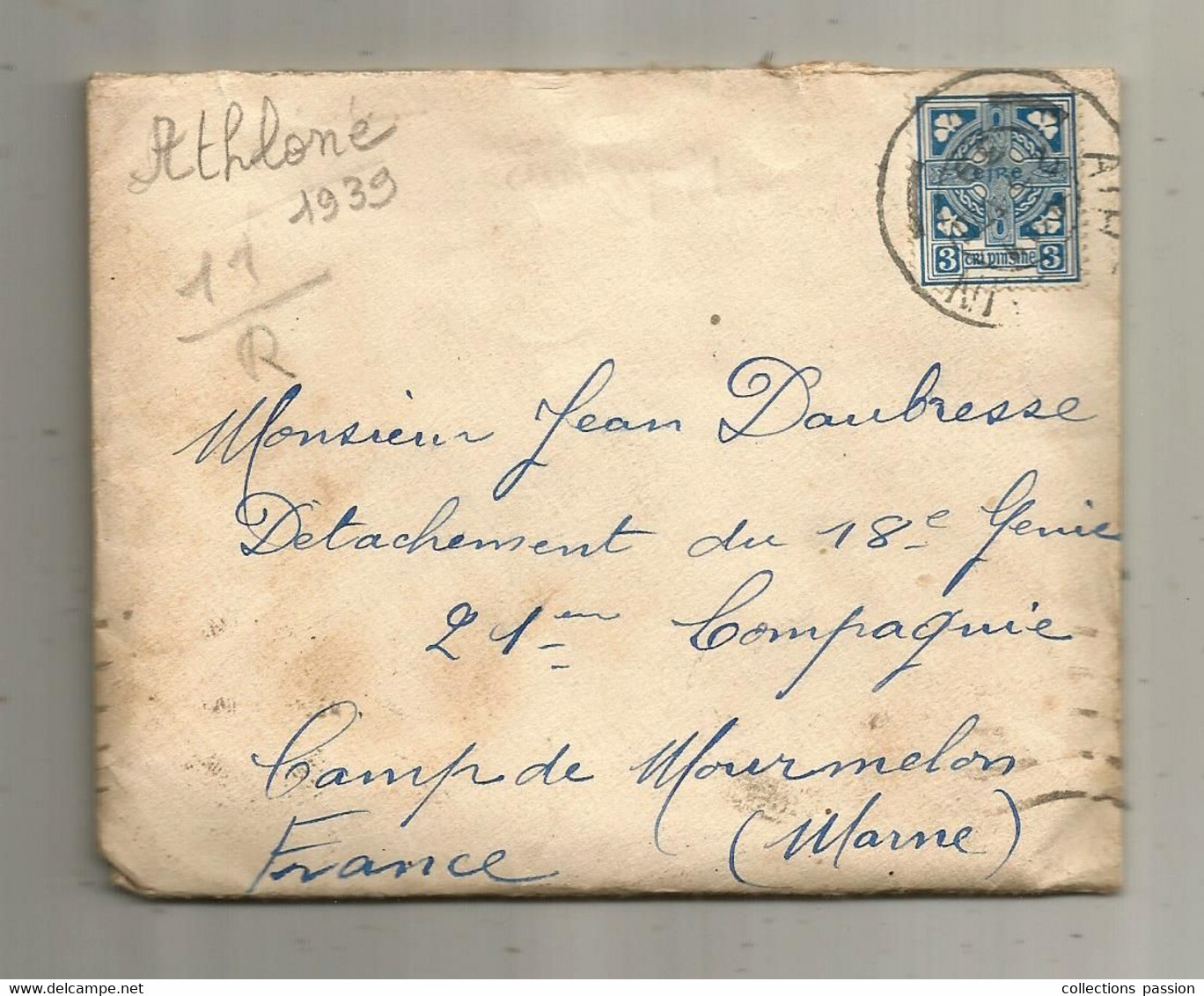 Lettre, Eire , Irlande , ATHLOME ,1939,MOURMELON LE GRAND ,MARNE, 3 Scans - Storia Postale