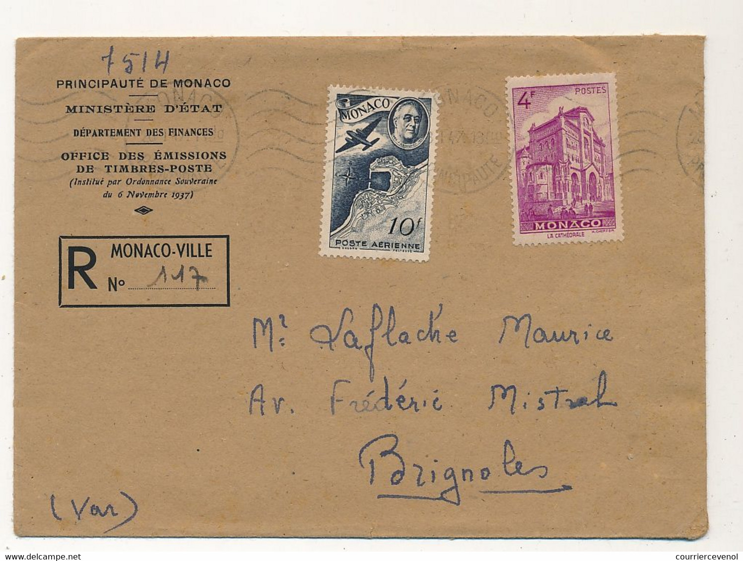 MONACO => Env. Recommandée Affr. Composé 10F Poste Aérienne + 4F Cathédrale - 1947 - Cartas & Documentos