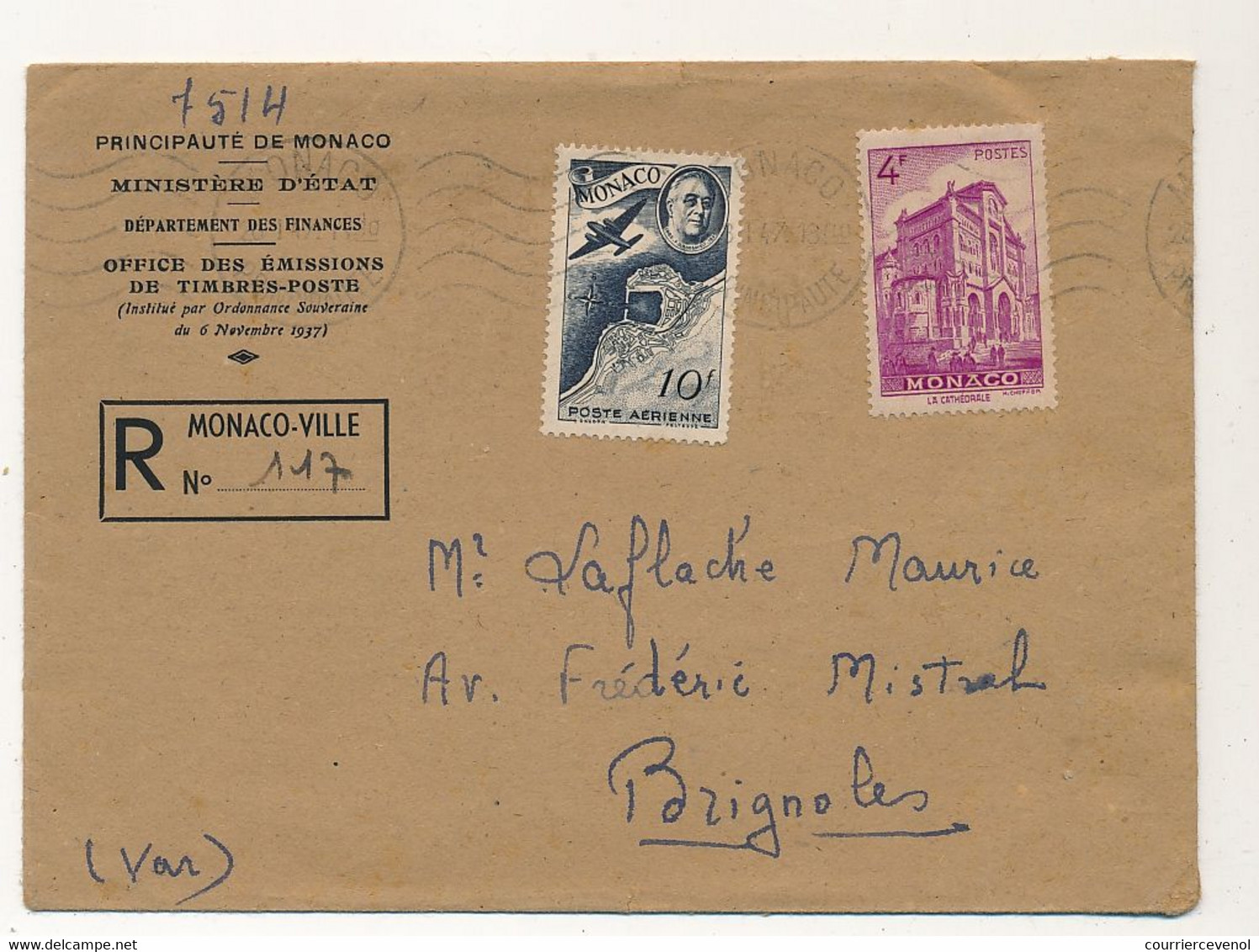 MONACO => Env. Recommandée Affr. Composé 10F Poste Aérienne + 4F Cathédrale - 1947 - Storia Postale