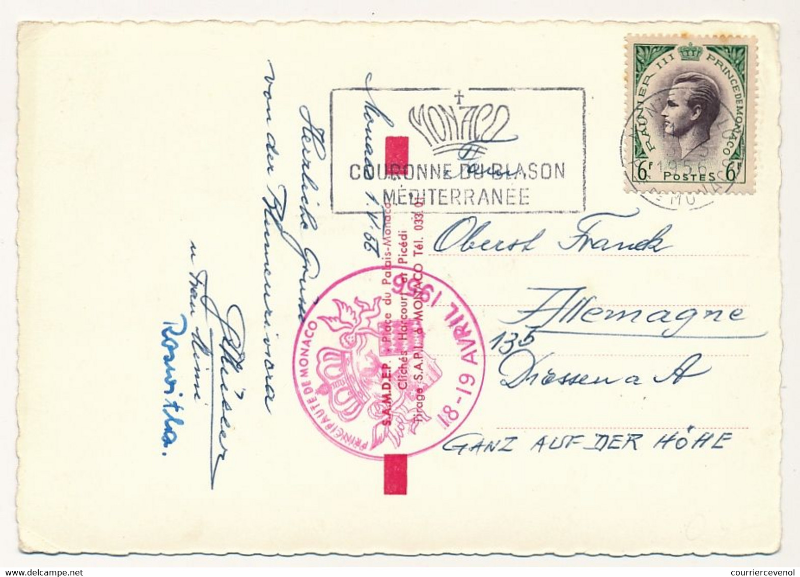 MONACO => CPM Affr 6F Rainier OMEC "Monaco Couronne Du Blason Méditerranée" 1956 - Maximum Mariage - Covers & Documents