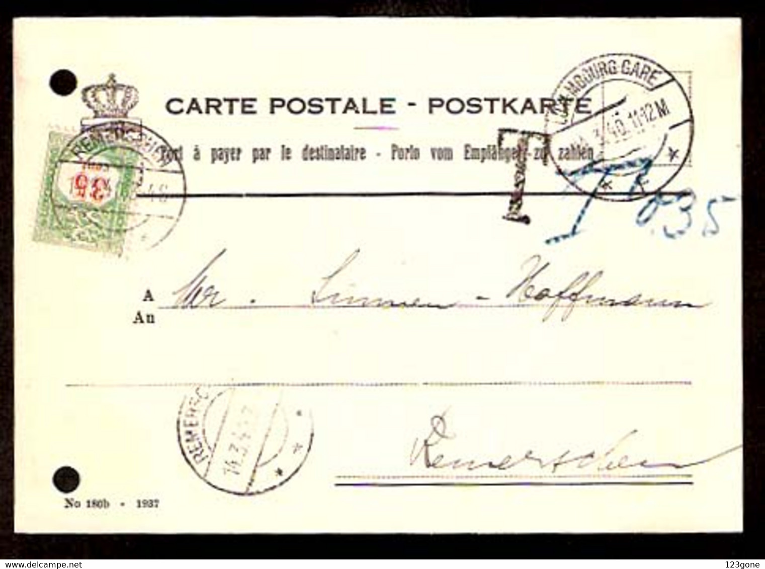 LUXEMBOURG. 1940. Luxemburg - Remerschen. Tax Card / Lux P Dues. SALE. - Andere & Zonder Classificatie