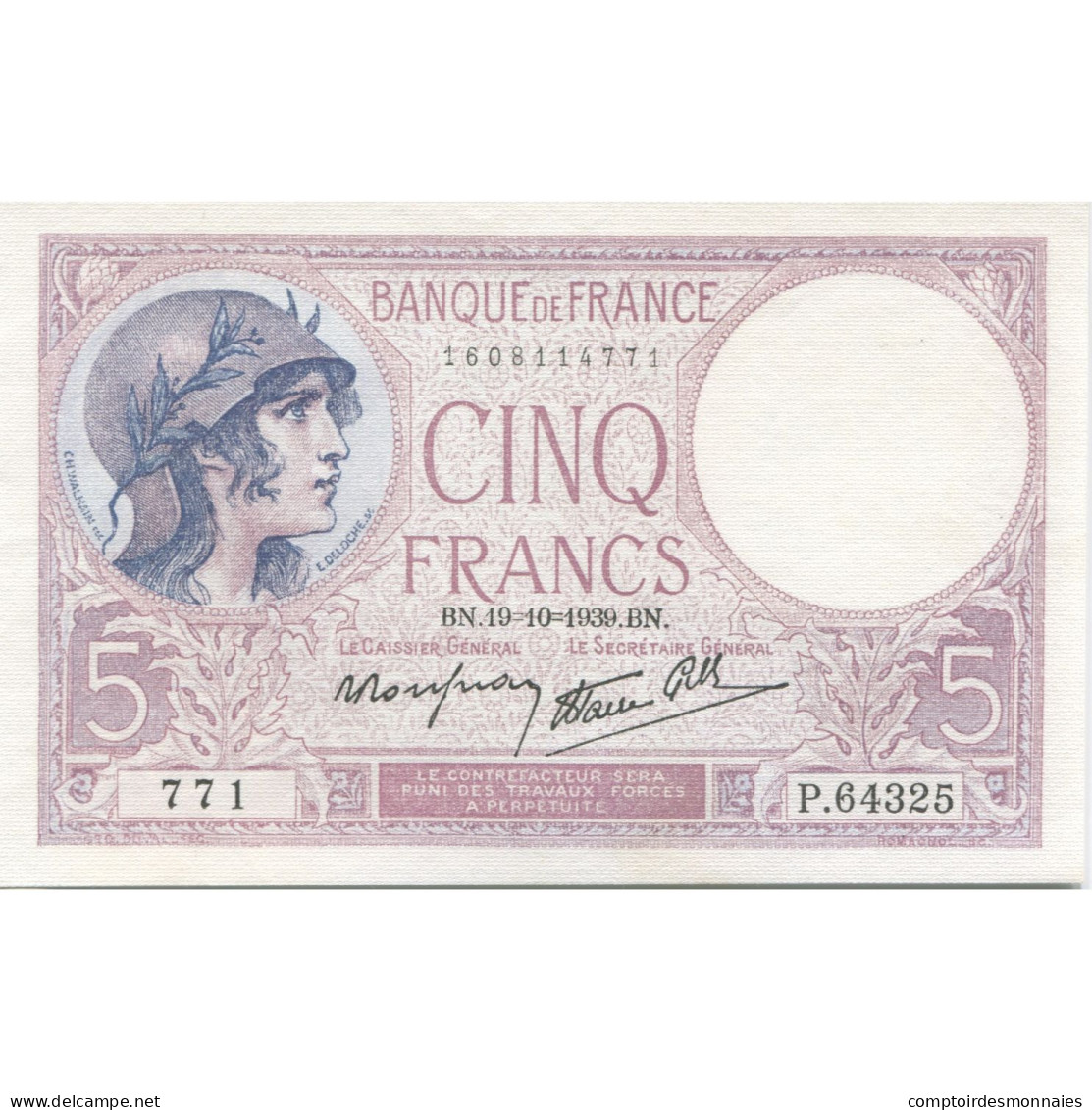 France, 5 Francs, Violet, 1939, 1939-10-19, NEUF, Fayette:4.12, KM:83 - 5 F 1917-1940 ''Violet''