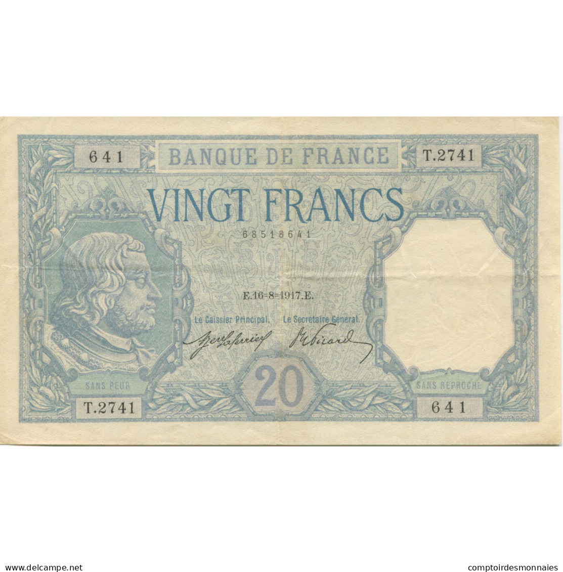 France, 20 Francs, Bayard, 1917, 1917-8-16, SUP, Fayette:11.02, KM:74 - 20 F 1916-1919 ''Bayard''