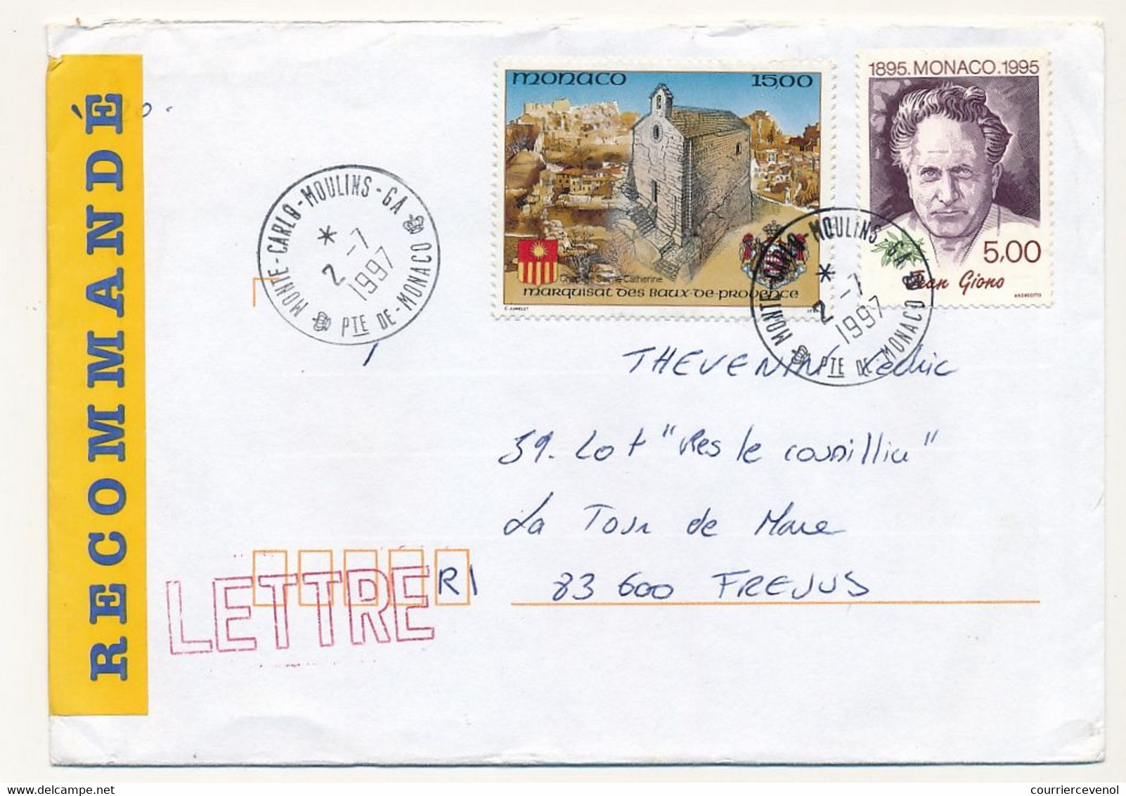 MONACO => Enveloppe Recommandée, Affranchissement Composé Obl Monte-Carlo-Moulins GA - 1997 - Storia Postale