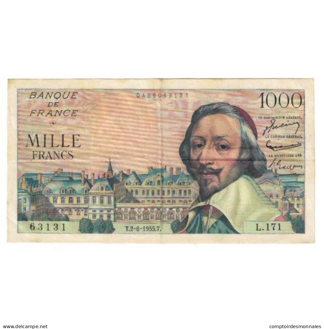 France, 1000 Francs, Richelieu, 1955, P. Rousseau And R. Favre-Gilly - 1 000 F 1953-1957 ''Richelieu''