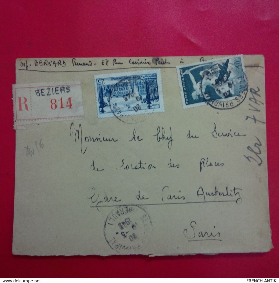 LETTRE RECOMMANDE BEZIERS 814 POUR PARIS GARE DE PARIS AUSTERLITZ - Lettres & Documents