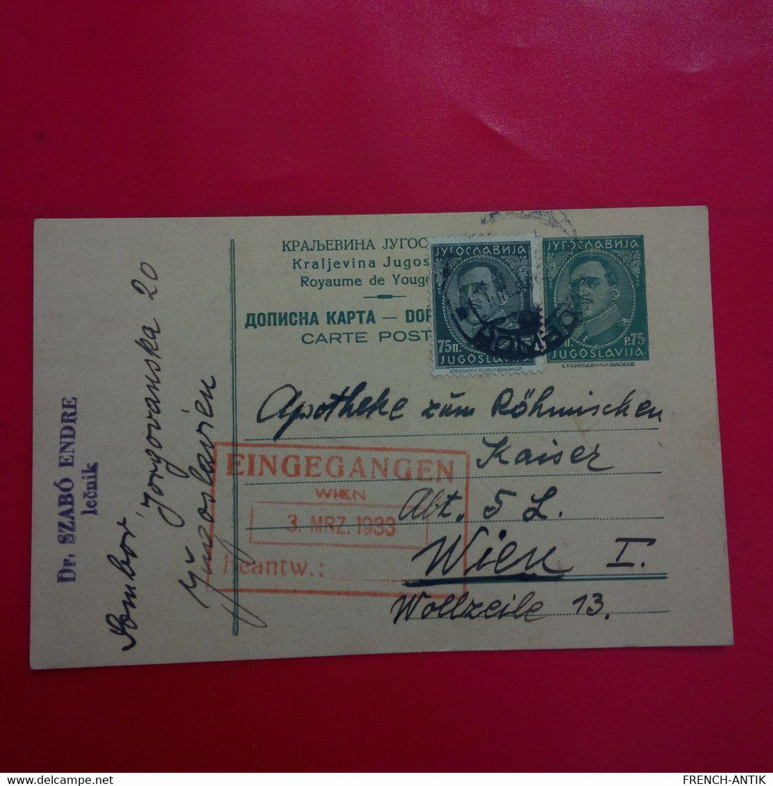 ENTIER YOUGOUSLAVIE POUR WIEN 1933 - Cartas & Documentos