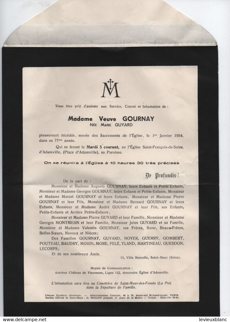 Faire Part De Décès/Madame Veuve GOURNAY/Née Marie GUYARD/Eglise St François D'ADAMVILLE/ St MAUR/ 1954  FPD124 - Obituary Notices