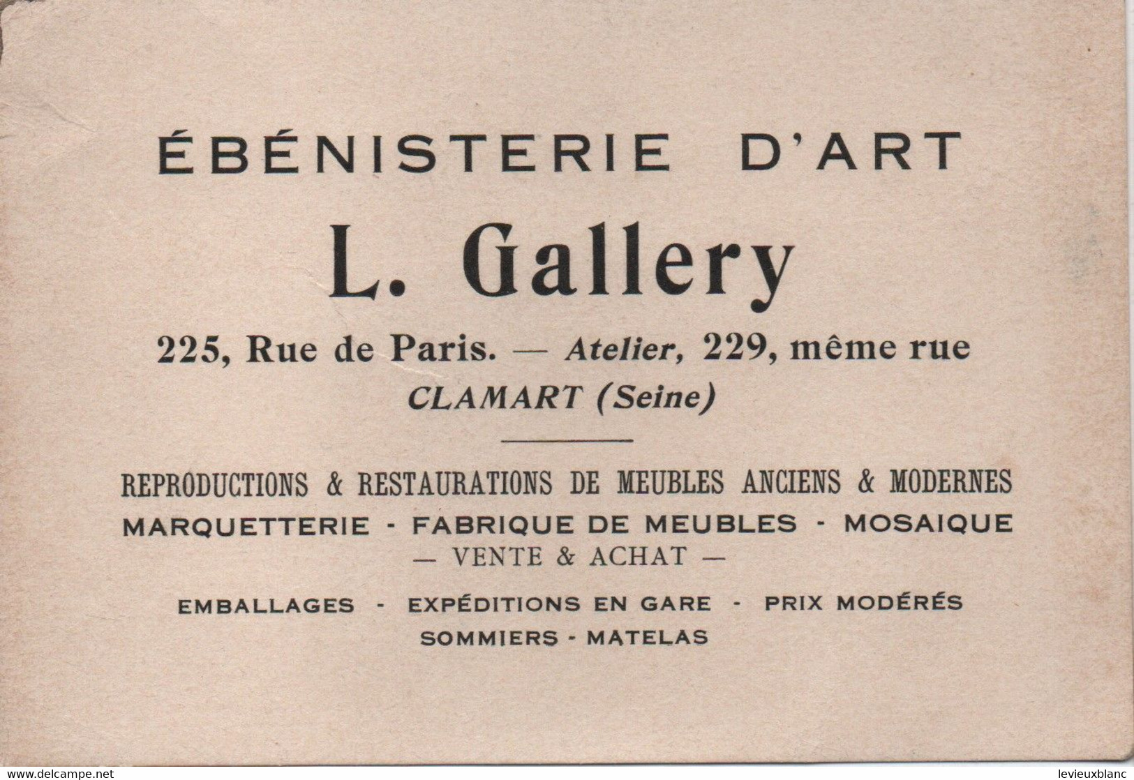 Carte Commerciale/ Ebéniste D' Art / L. GALLERY/ Rue De Paris / CLAMART ( Seine) / Vers 1930-1950       CAC211 - Tickets D'entrée