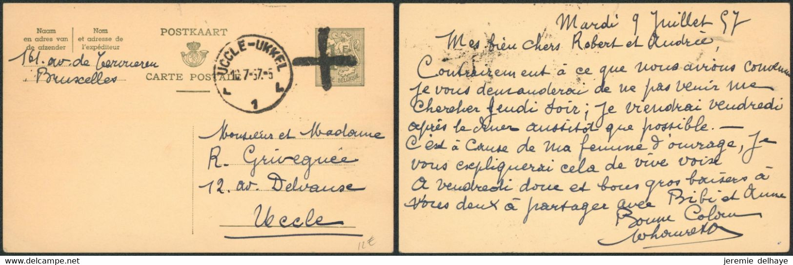 EP Au Type 1F Lion Héraldique Annulé Par Croix De St-André > Uccle-Ukkel (1957) - Cartes Postales 1951-..