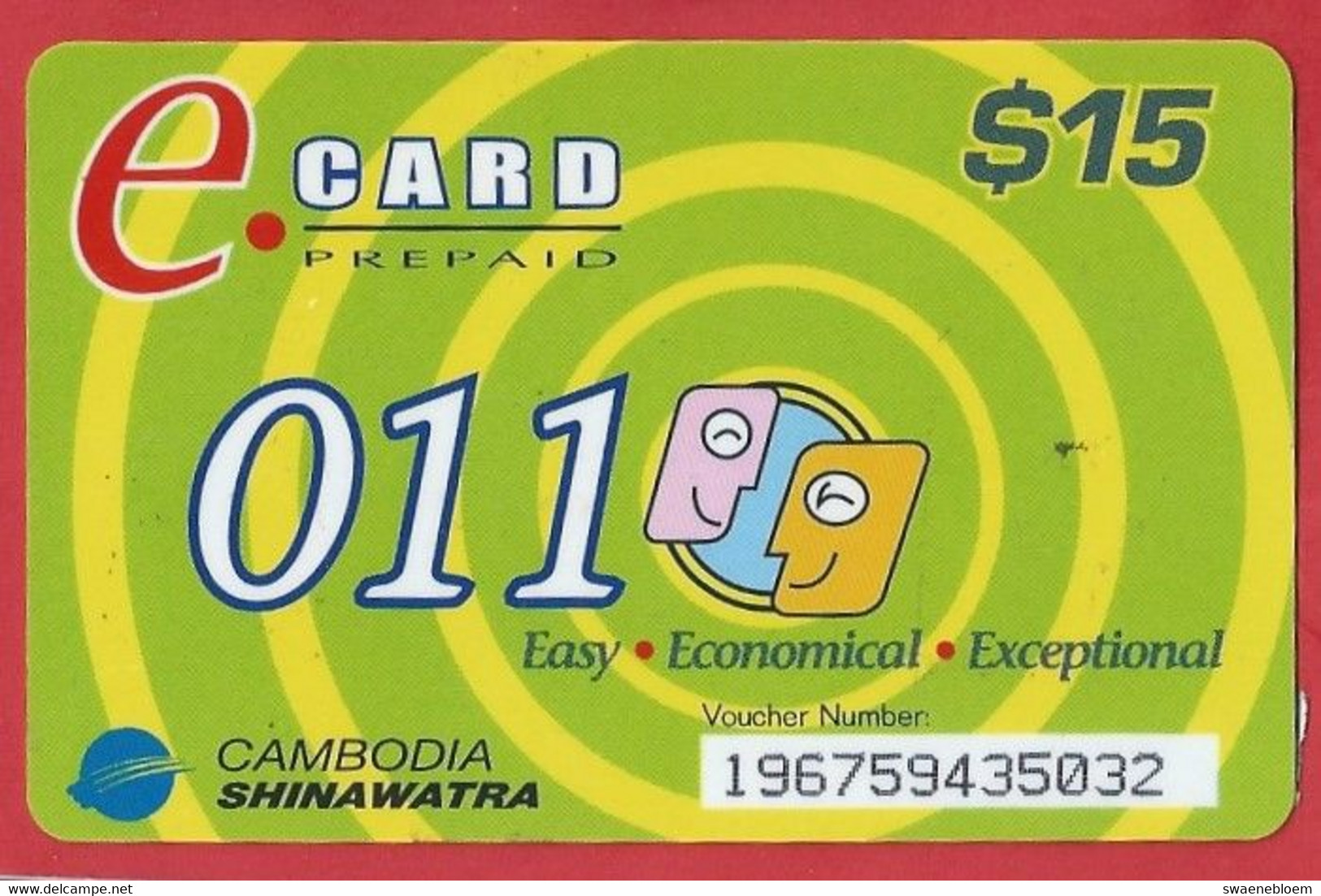 KH.- CAMBODJA. CAMBODIA. SHINAWATRA. E. CARD PREPAID. TELEPHONE CARD $15. USED. 011 EASY. ECONOMICAL. EXCEPTIONAL - Kambodscha
