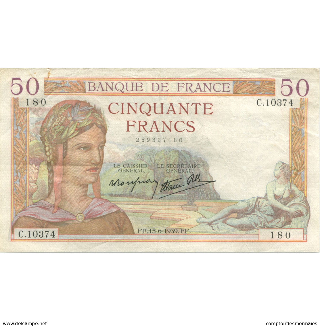 France, 50 Francs, Cérès, 1939, 1939-06-15, TTB+, Fayette:18.26, KM:85b - 50 F 1934-1940 ''Cérès''