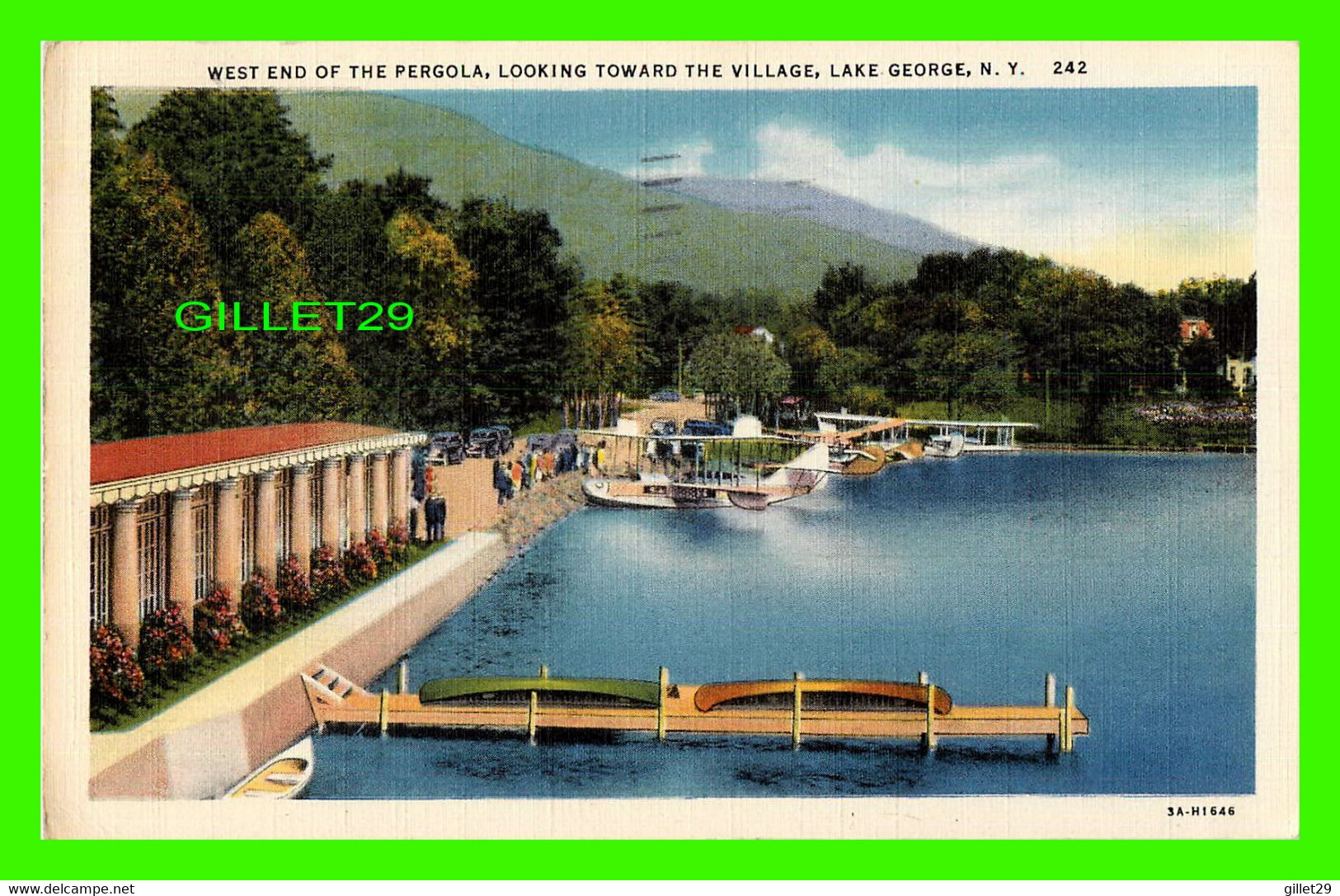 LAKE GEORGE, NY - WEST END OF THE PERGOLA, LOOKING TOWARD THE VILLAGE - ANIMATED WITH HYDRAVIONS -  TRAVEL IN 1934 - - Lake George