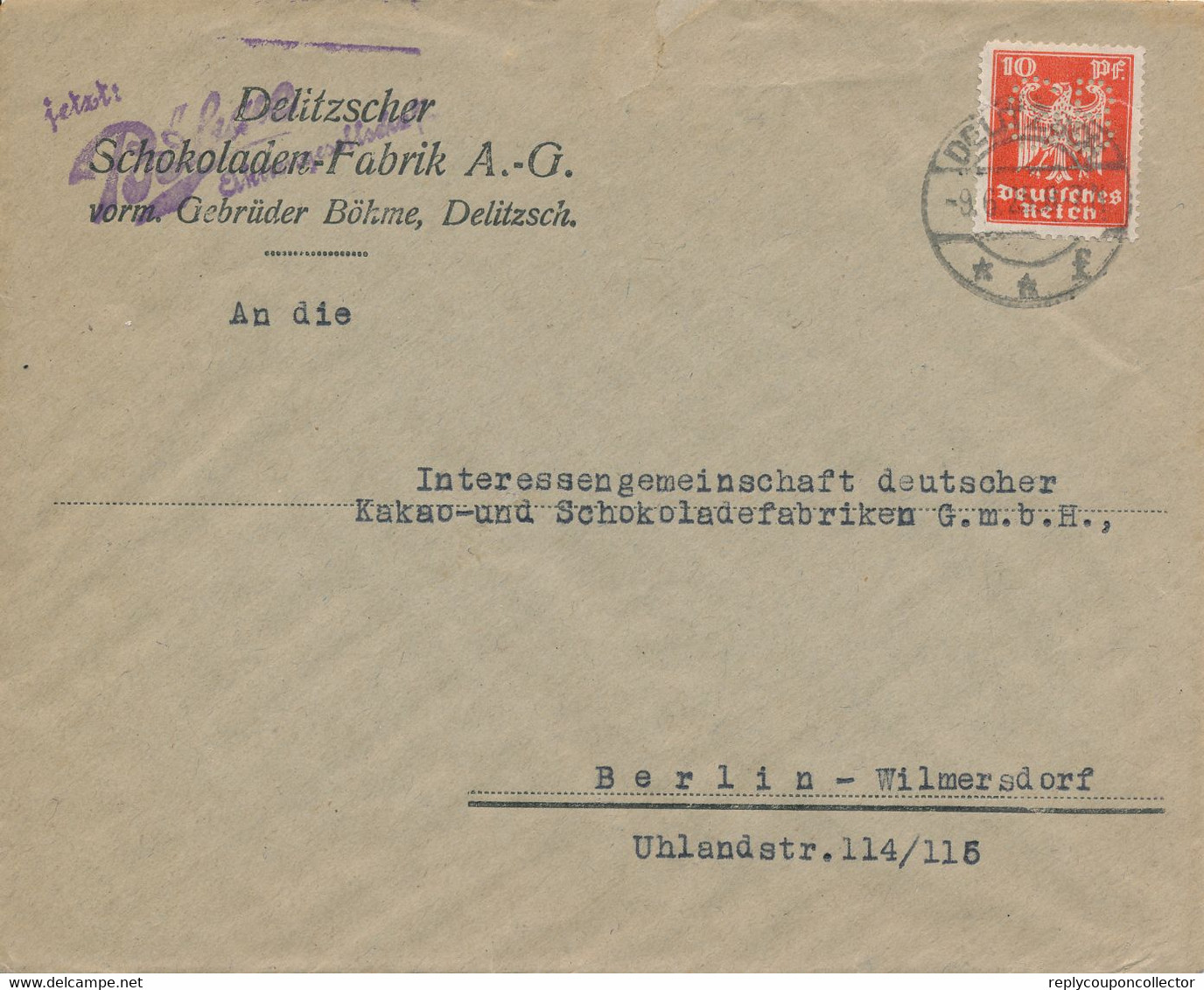 DELITZSCH  - 1925  ,  Perfins / Firmenlochung  -  DELITZSCHER SCHOKOLADEN-FABRIK    -  Brief Nach Berlin - Brieven En Documenten