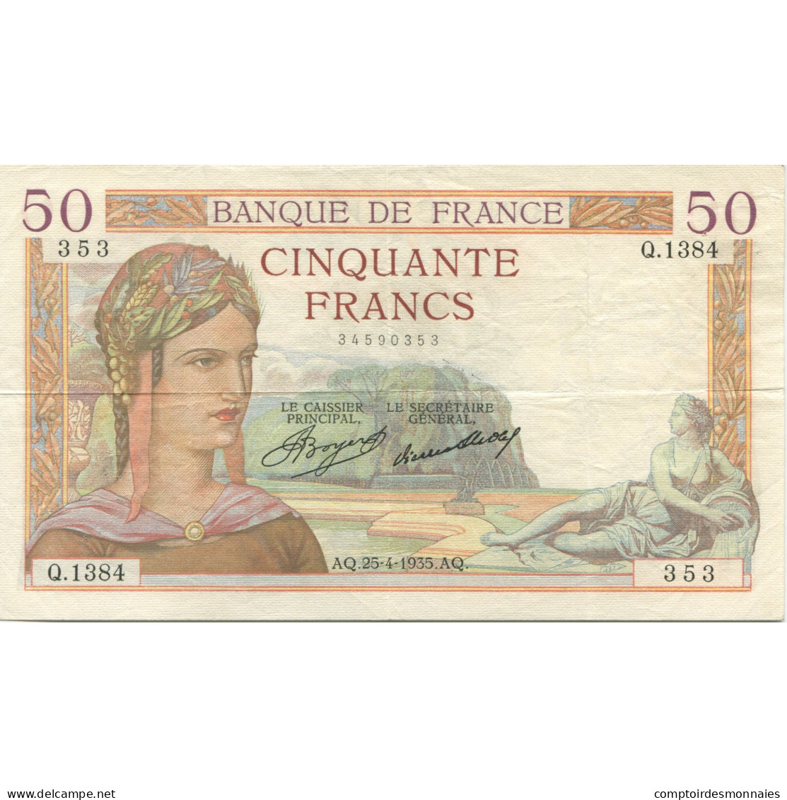 France, 50 Francs, Cérès, 1935, 1935-04-25, TTB+, Fayette:17.8, KM:81 - 50 F 1934-1940 ''Cérès''