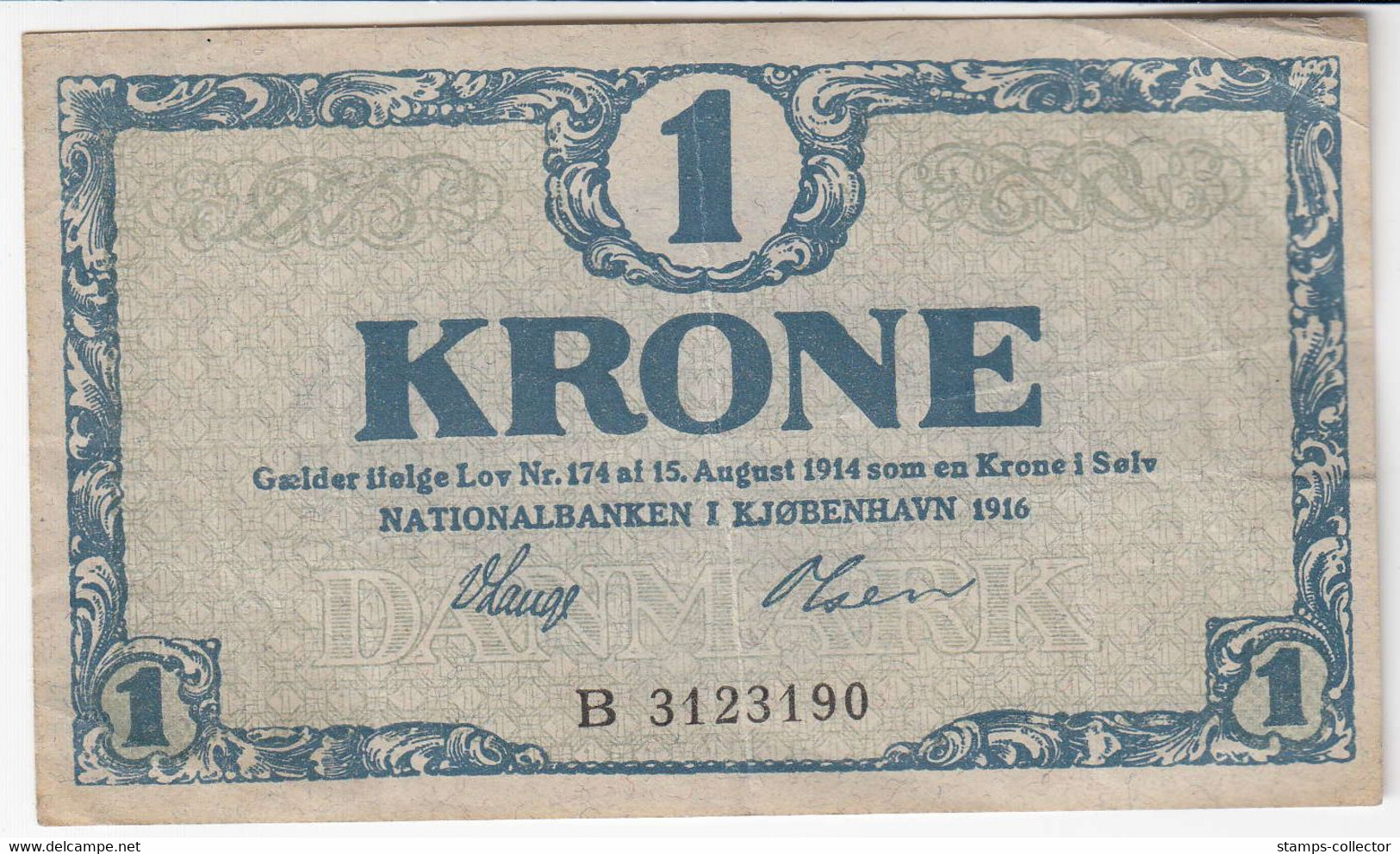 Denmark 1 KRONE,  1916. Original Used Notes. B 3123190 - Danimarca