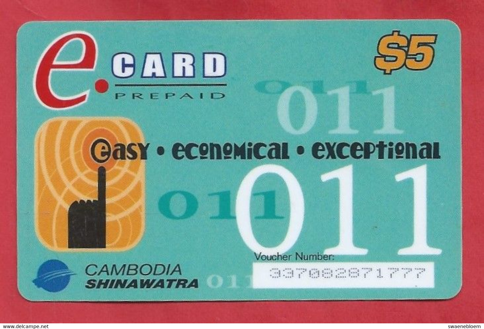 KH.- CAMBODJA. CAMBODIA. SHINAWATRA. E. CARD PREPAID. TELEPHONE CARD $5. USED. 011 EASY. ECONOMICAL. EXCEPTIONAL - Kambodscha