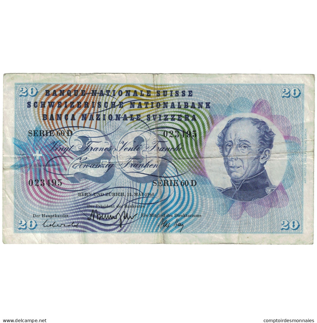 Billet, Suisse, 20 Franken, 1968, 1968-05-15, KM:46p, B - Suisse