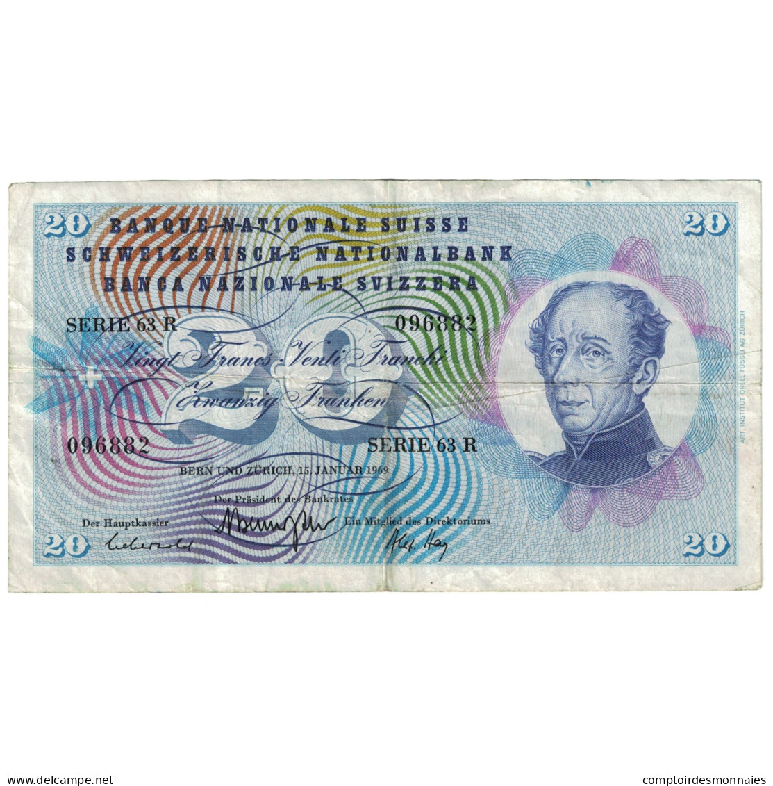 Billet, Suisse, 20 Franken, 1969, 1969-01-15, KM:46q, B - Suisse