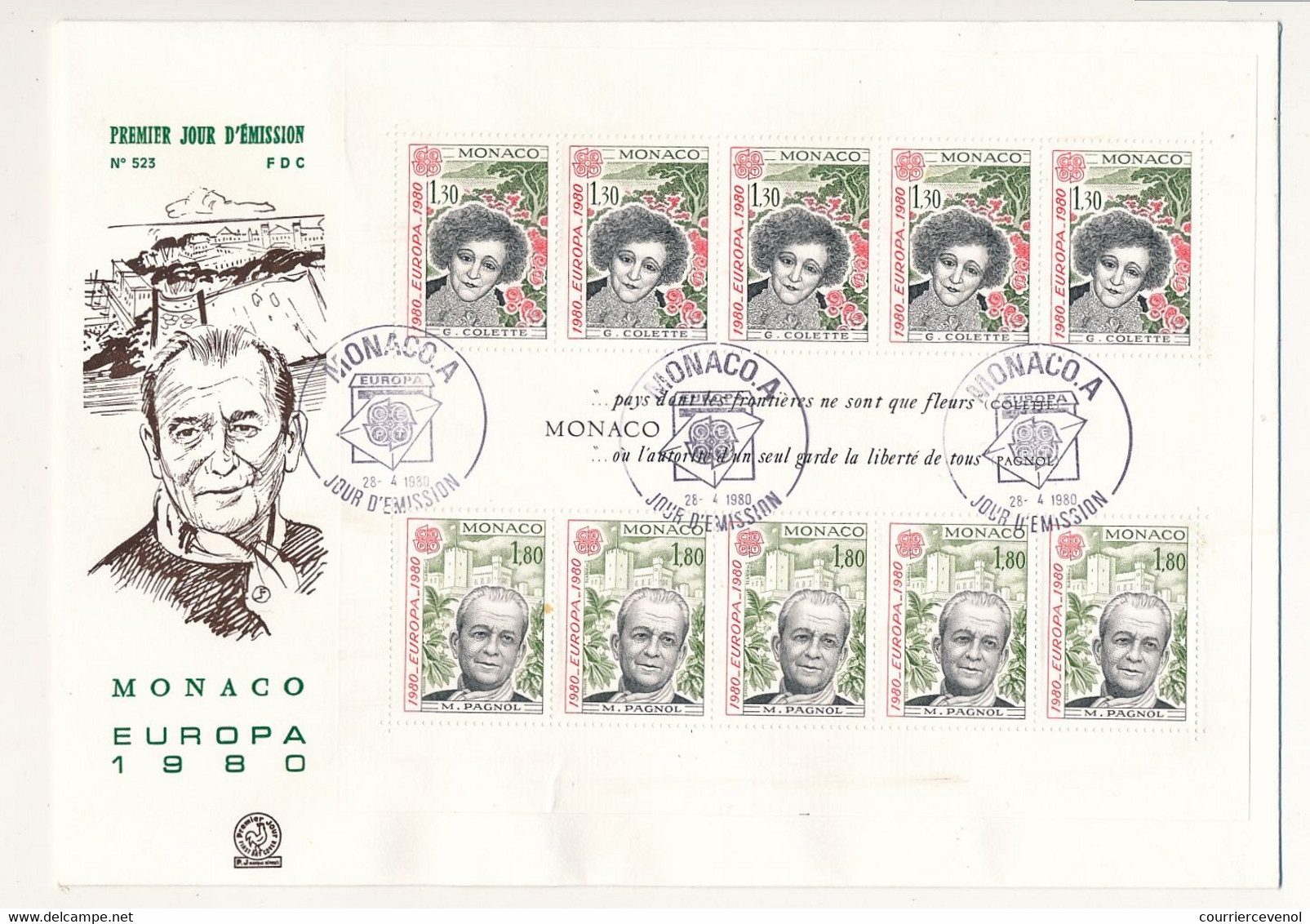 MONACO => Env. FDC Grand Format - Bloc Europa 1980 - Colette Et Marcel Pagnol - 28/4/1980 - FDC