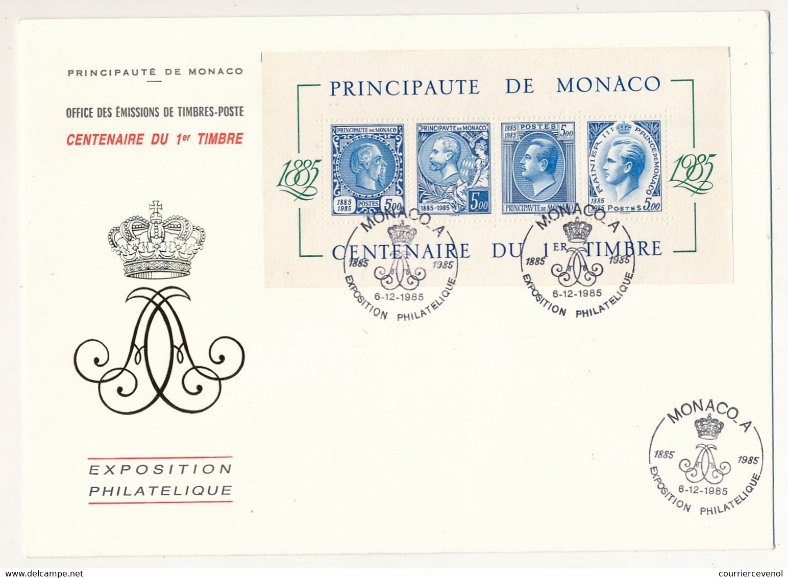 MONACO => Env. FDC Grand Format - Bloc Centenaire Du Premier Timbre - 6/12/1985 - FDC