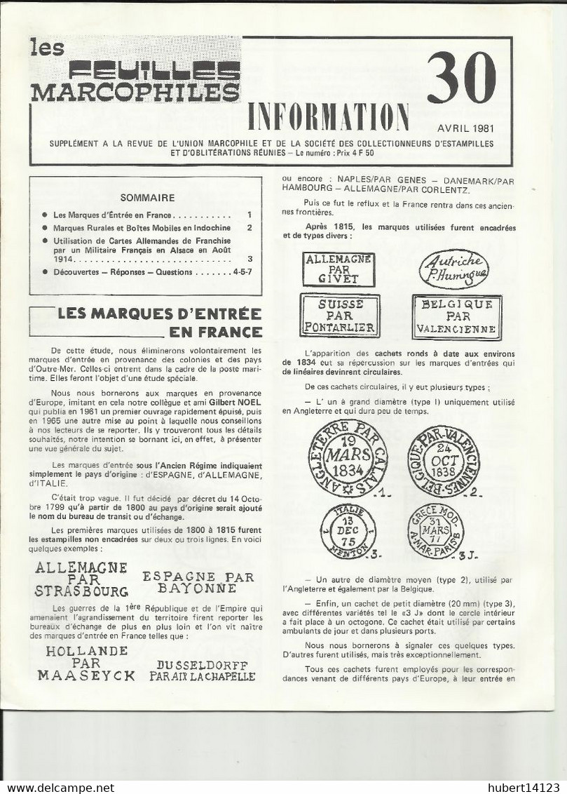 LES FEUILLES MARCOPHILES N° 30 De 1981 8 PAGES FORMAT A4 - Altri & Non Classificati