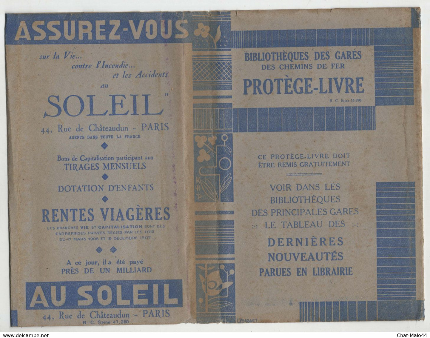 Protège Livre Publicitaire Illustré. Assurance Soleil, 44 Rue De Châteaudun, Paris Et Publicité Bibliothèques Des Gares - Banque & Assurance