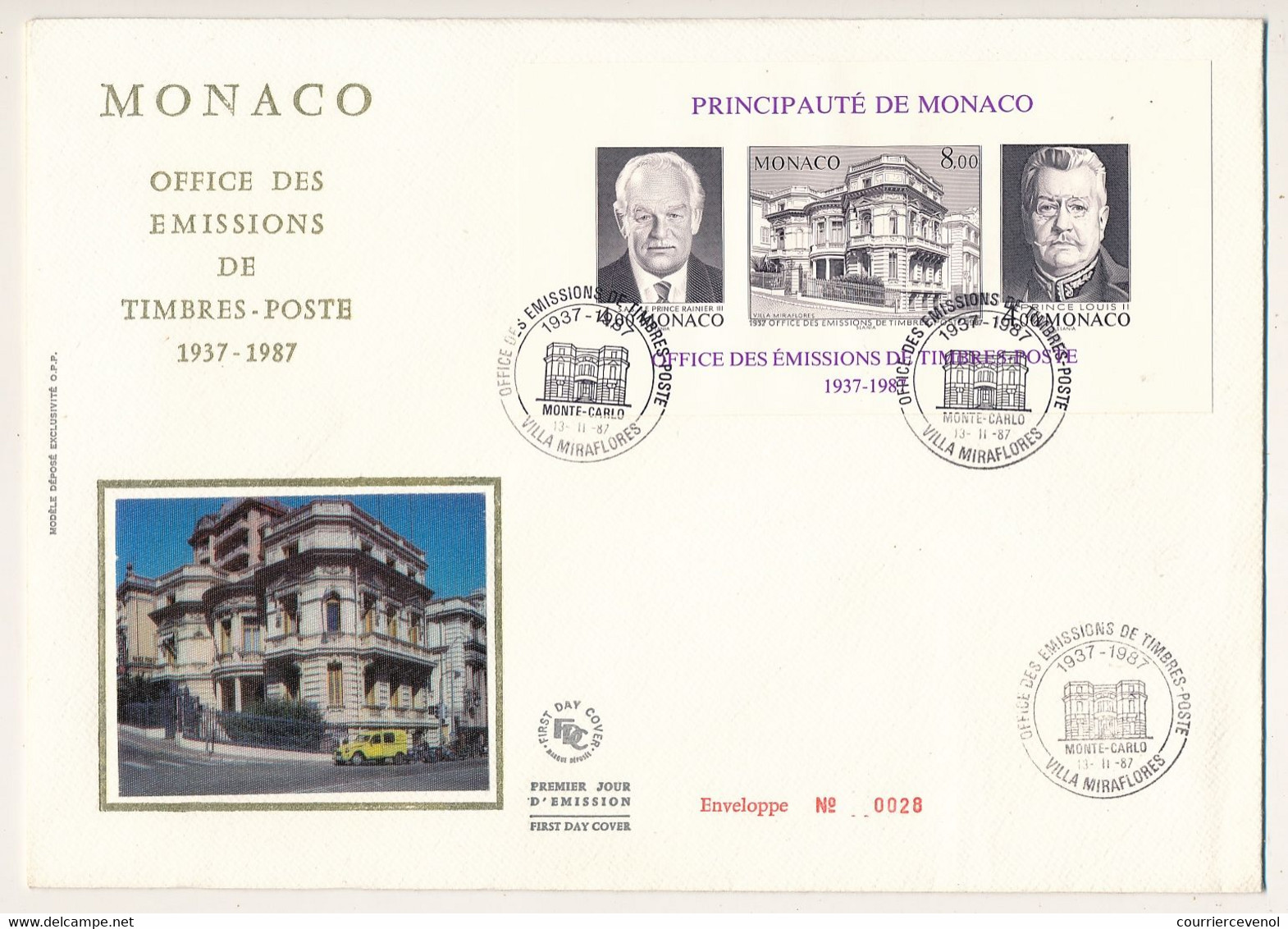 MONACO => Env. FDC Grand Format - 8F Villa Miraflores - NON DENTELE Essai De Couleurs - 13/11/1987 - FDC