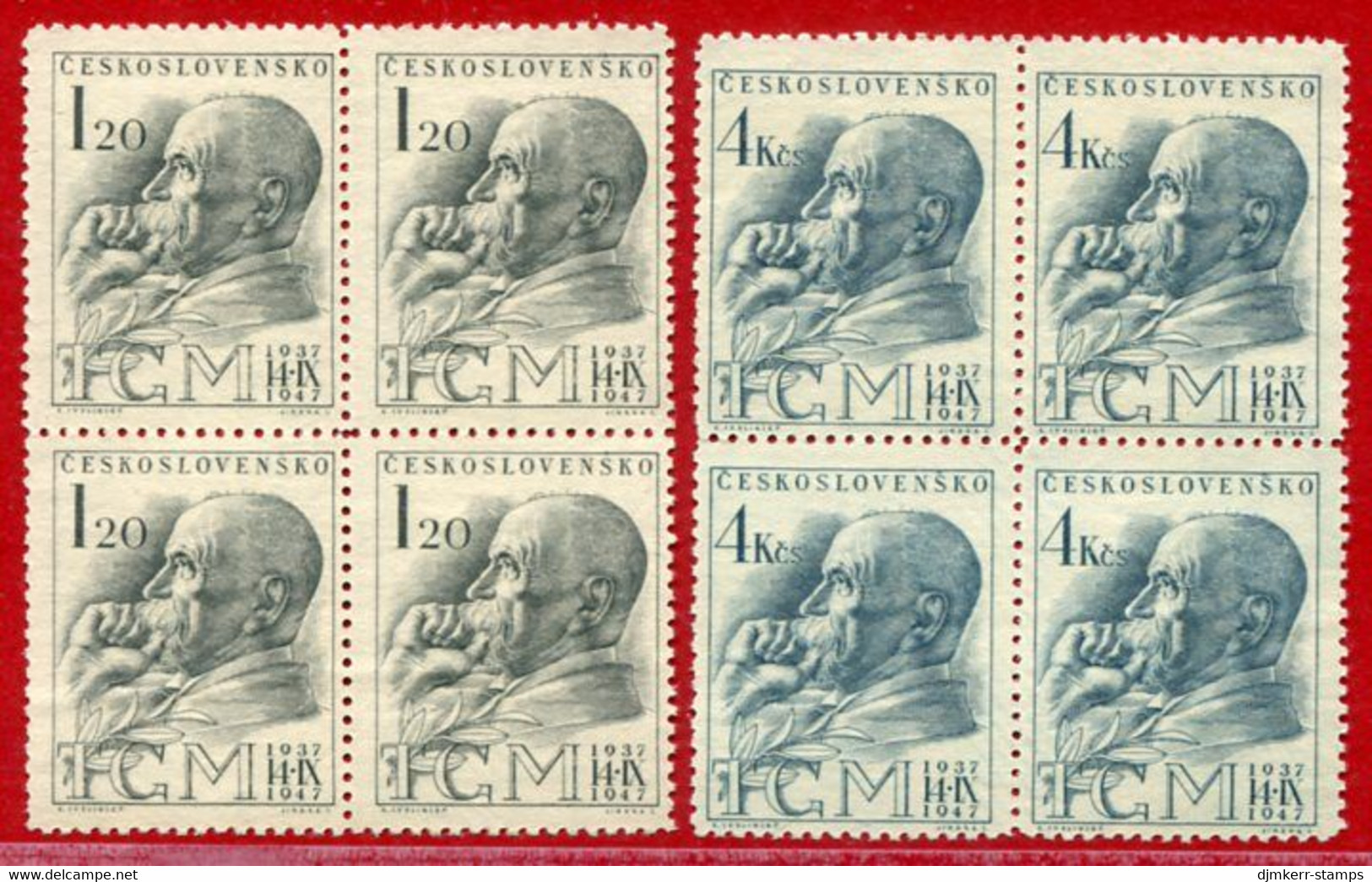 CZECHOSLOVAKIA 1947 Masaryk Death Anniversary Blocks Of 4 MNH / **.  Michel 523-24 - Neufs