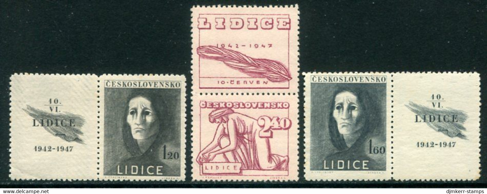 CZECHOSLOVAKIA 1947 Destruction Of Lidice With Labels MNH / **.  Michel 518-20 Zf - Unused Stamps