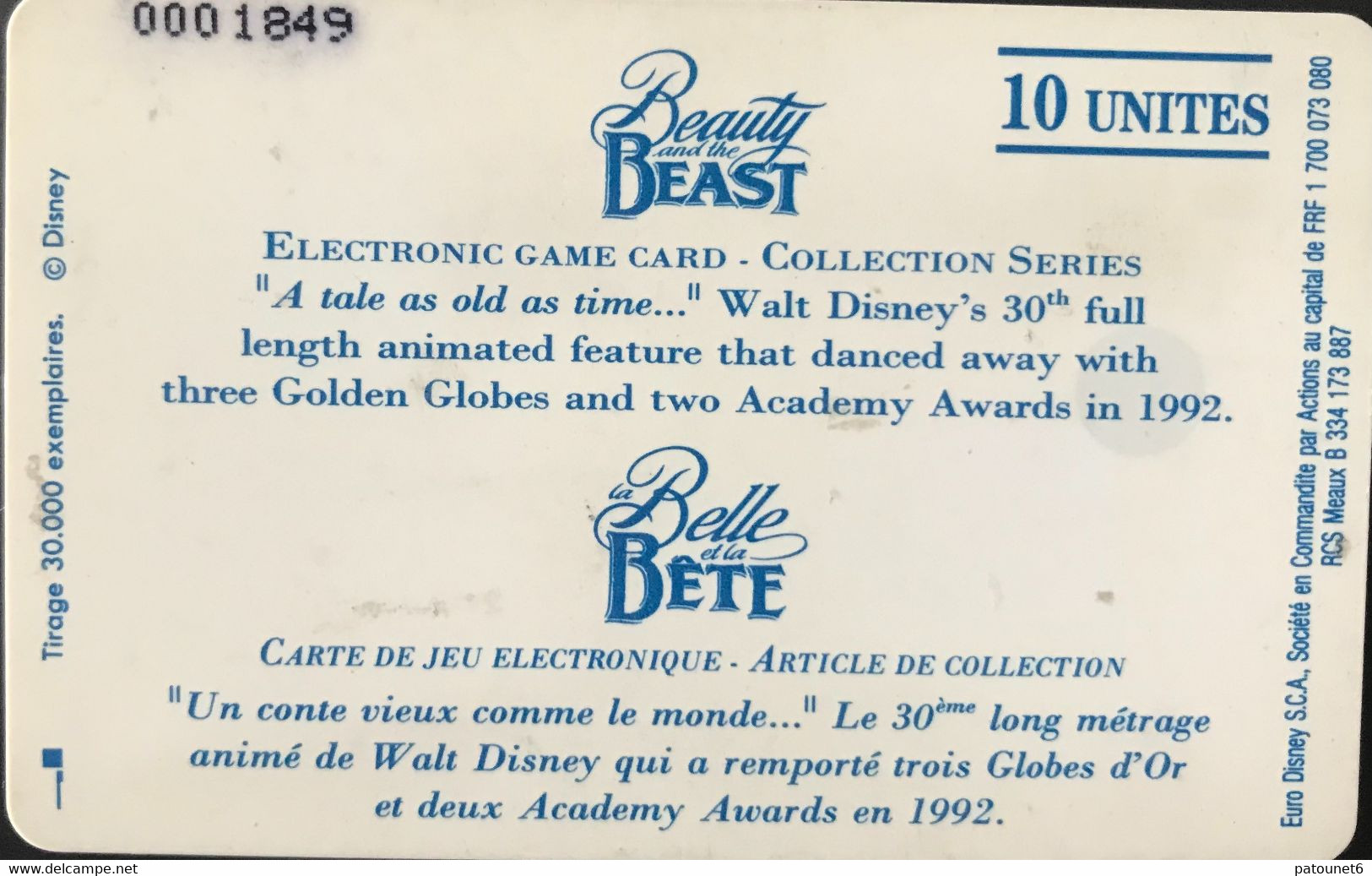 FRANCE  -  CARTES-JEUX  -  La BETE ET LA BETE  -  SC 5  -  1ère Série  -  10 Unités - Passeports Disney