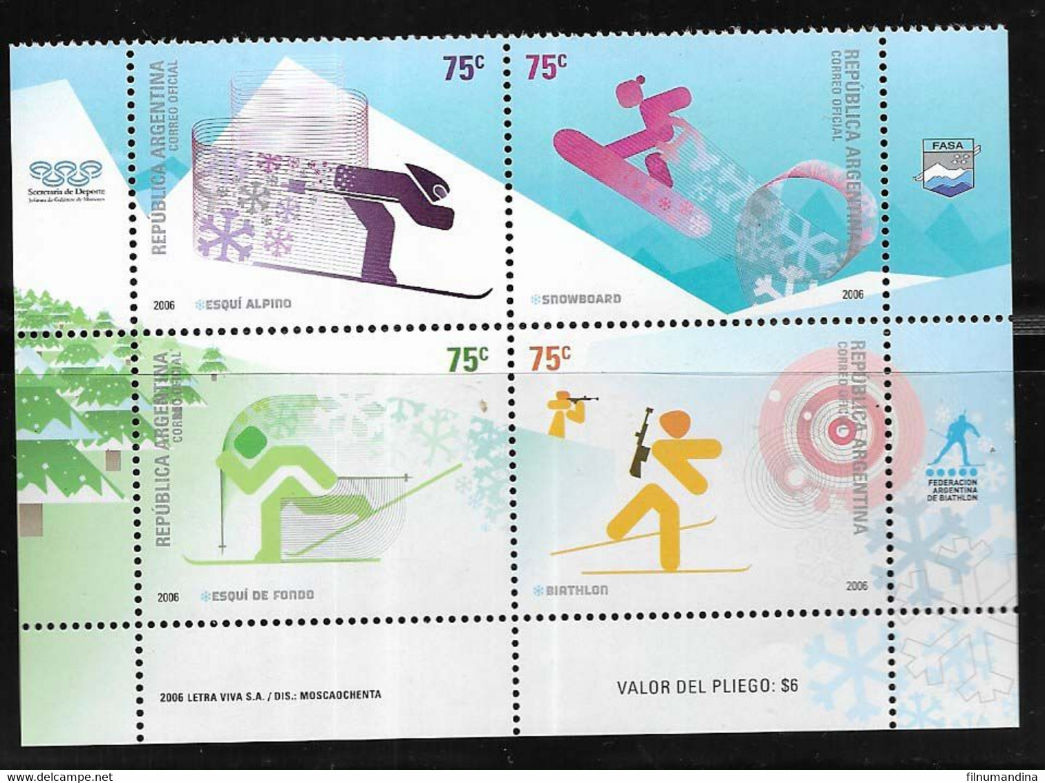 #13025 ARGENTINA  ARGENTINE 2006 SPORTS WINTER OLYMPIC GAMES 2000 SKYING YV 2610-3 GJ 3538-41 MNH - Winter 2006: Torino