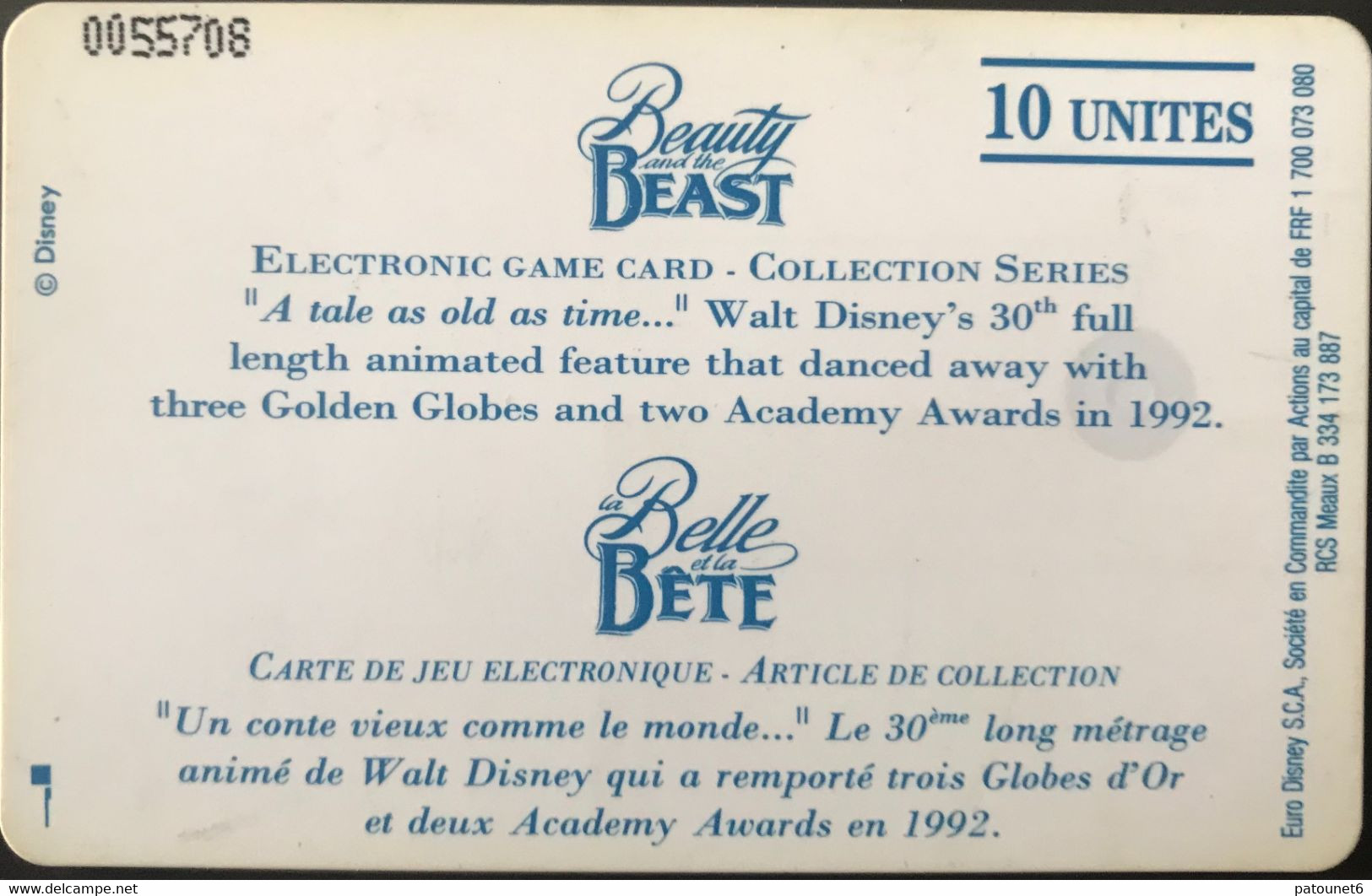 FRANCE  -  CARTES-JEUX  -  La BETE ET LA BETE  -  SC 7  -  10 Unités - Passeports Disney