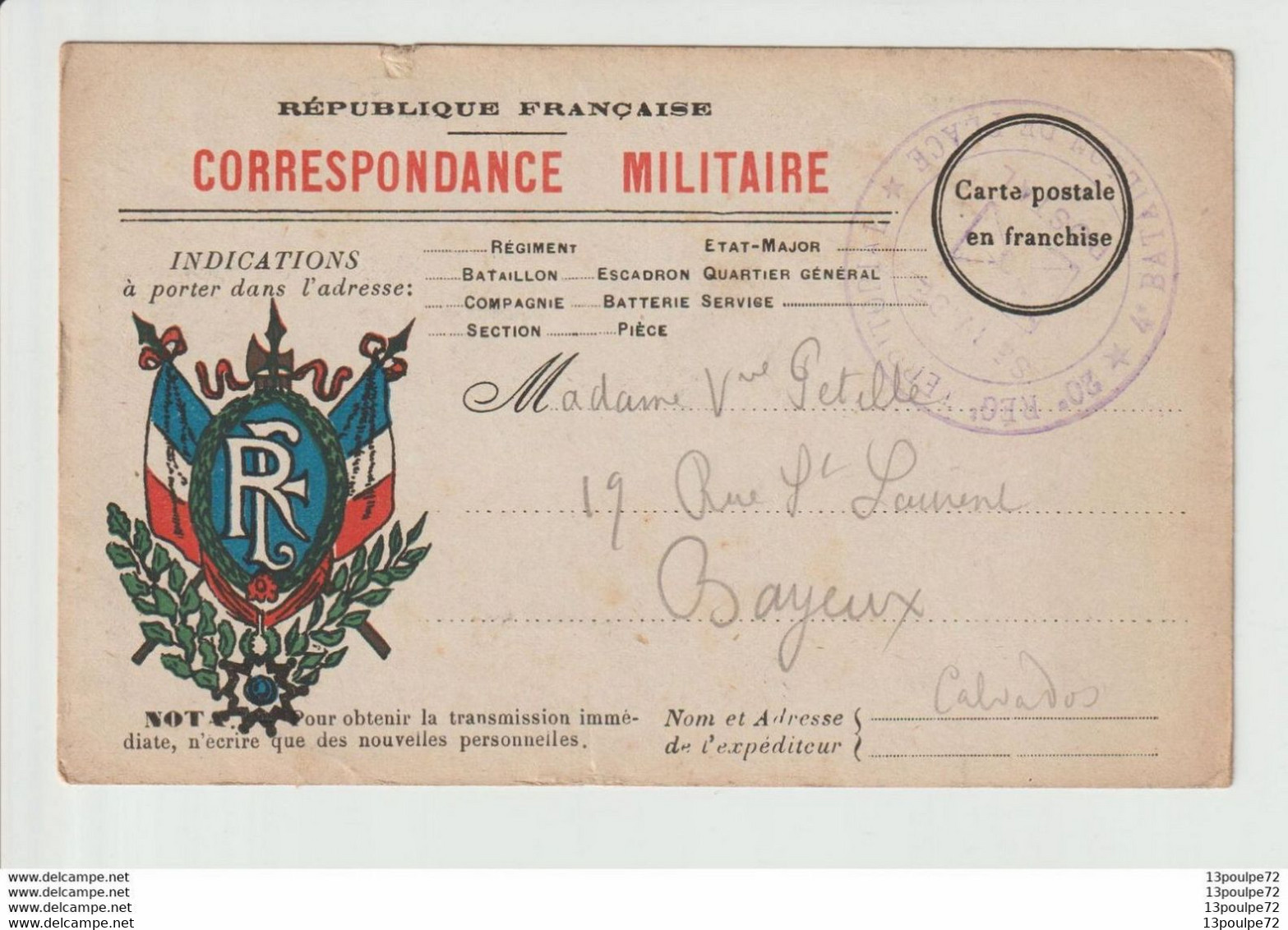 COURRIER  MILITAIRE-  14-18 --  20° TERRITORIALE  -- 4 ° BATAILLON DE PLACE  -- ECRITE 1915 - 1914-18