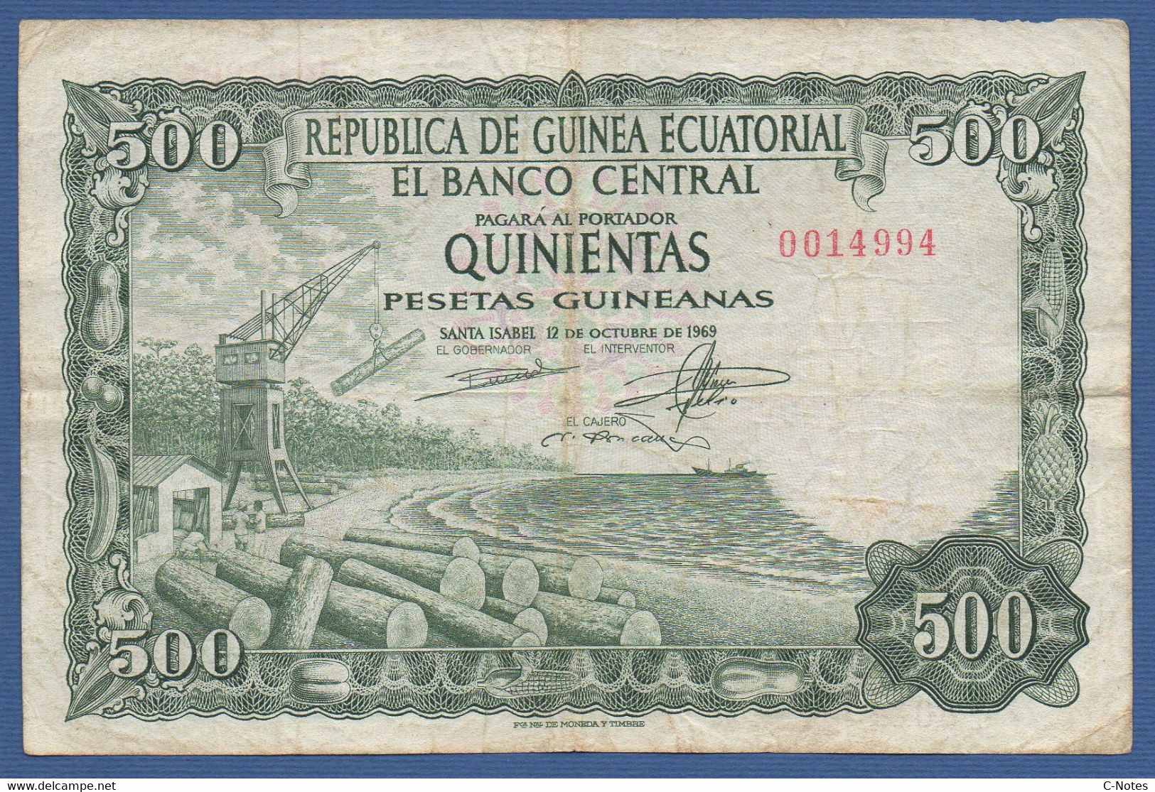 EQUATORIAL GUINEA - P.2 – 500 Pesetas Guineanas 12.10.1969 Circulated Serie 0014994 - Aequatorial-Guinea