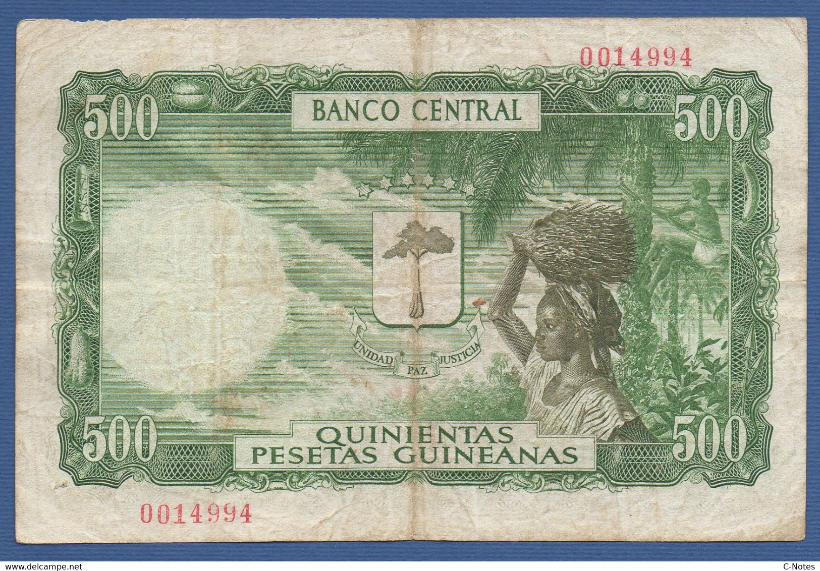 EQUATORIAL GUINEA - P.2 – 500 Pesetas Guineanas 12.10.1969 Circulated Serie 0014994 - Equatoriaal-Guinea