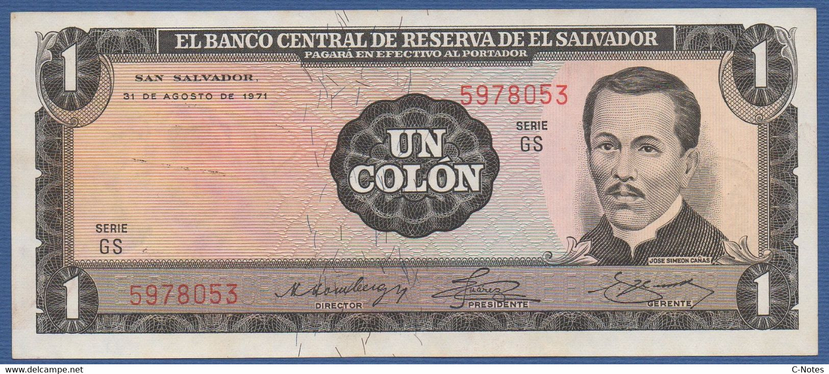 EL SALVADOR  - P.115a – 1 Colon 31.08.1971 / 16.10.1972 AUNC Series GS 5978053 - El Salvador