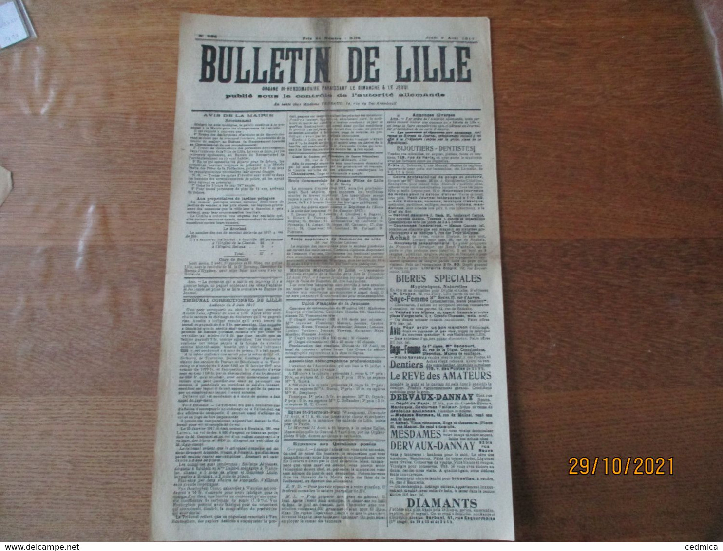 BULLETIN DE LILLE DU JEUDI 9 AOÛT 1917 N°286 PUBLIE SOUS LE CONTRÔLE DE L'AUTORITE ALLEMANDE - Français