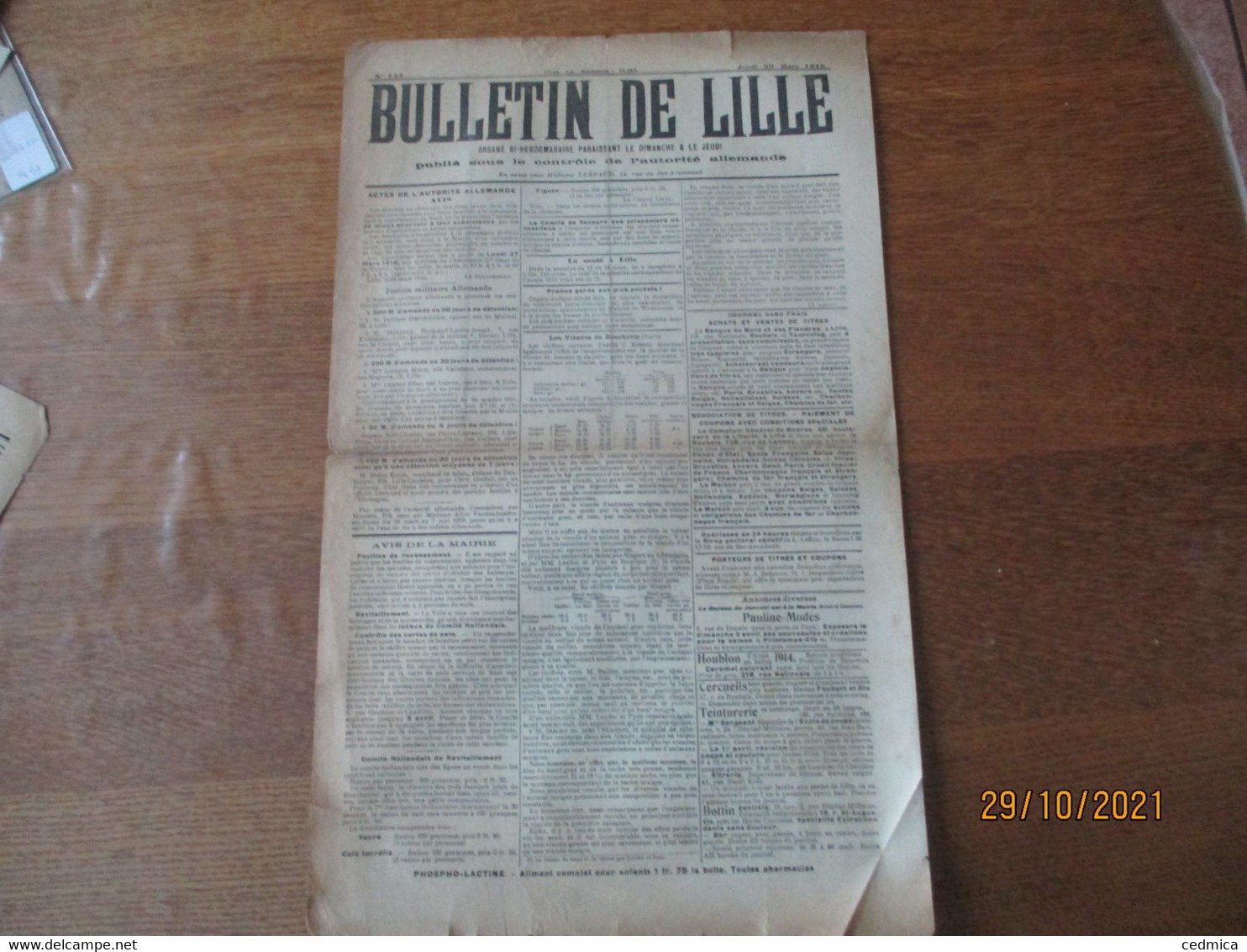 BULLETIN DE LILLE DU JEUDI 30 MARS 1916 N°144 PUBLIE SOUS LE CONTRÔLE DE L'AUTORITE ALLEMANDE - Français