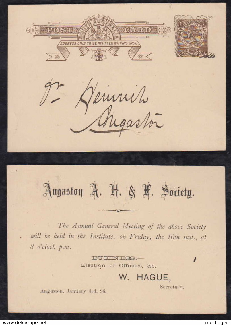 South Australia 1896 Postcard Stationery ANGASTON Local Use Private Imprint Society - Cartas & Documentos