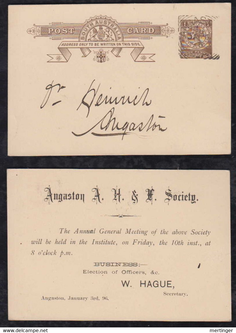 South Australia 1896 Postcard Stationery ANGASTON Local Use Private Imprint Society - Brieven En Documenten