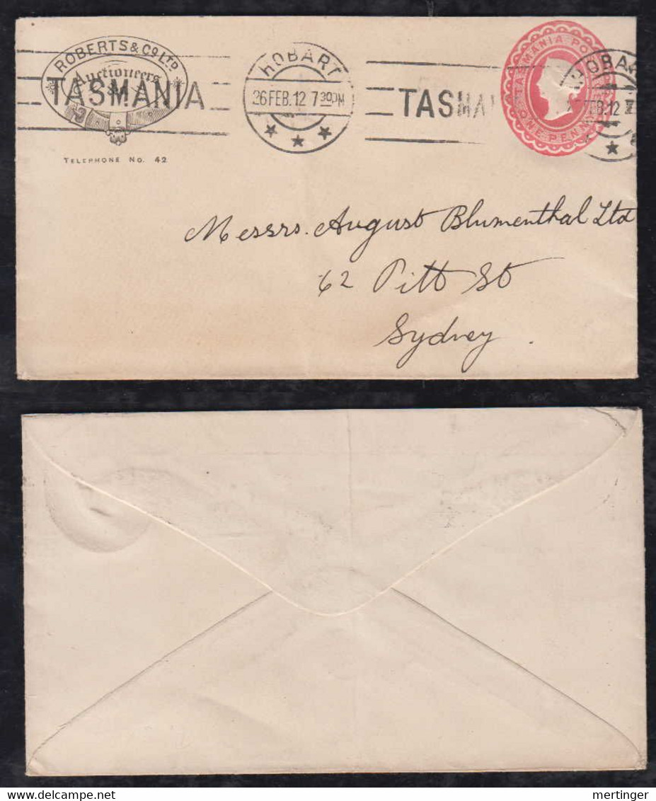 Tasmania Australia 1912 Stationery Envelope HOBART To SYDNEY Private Imprint ROBERTS AUCTIONEERS - Covers & Documents