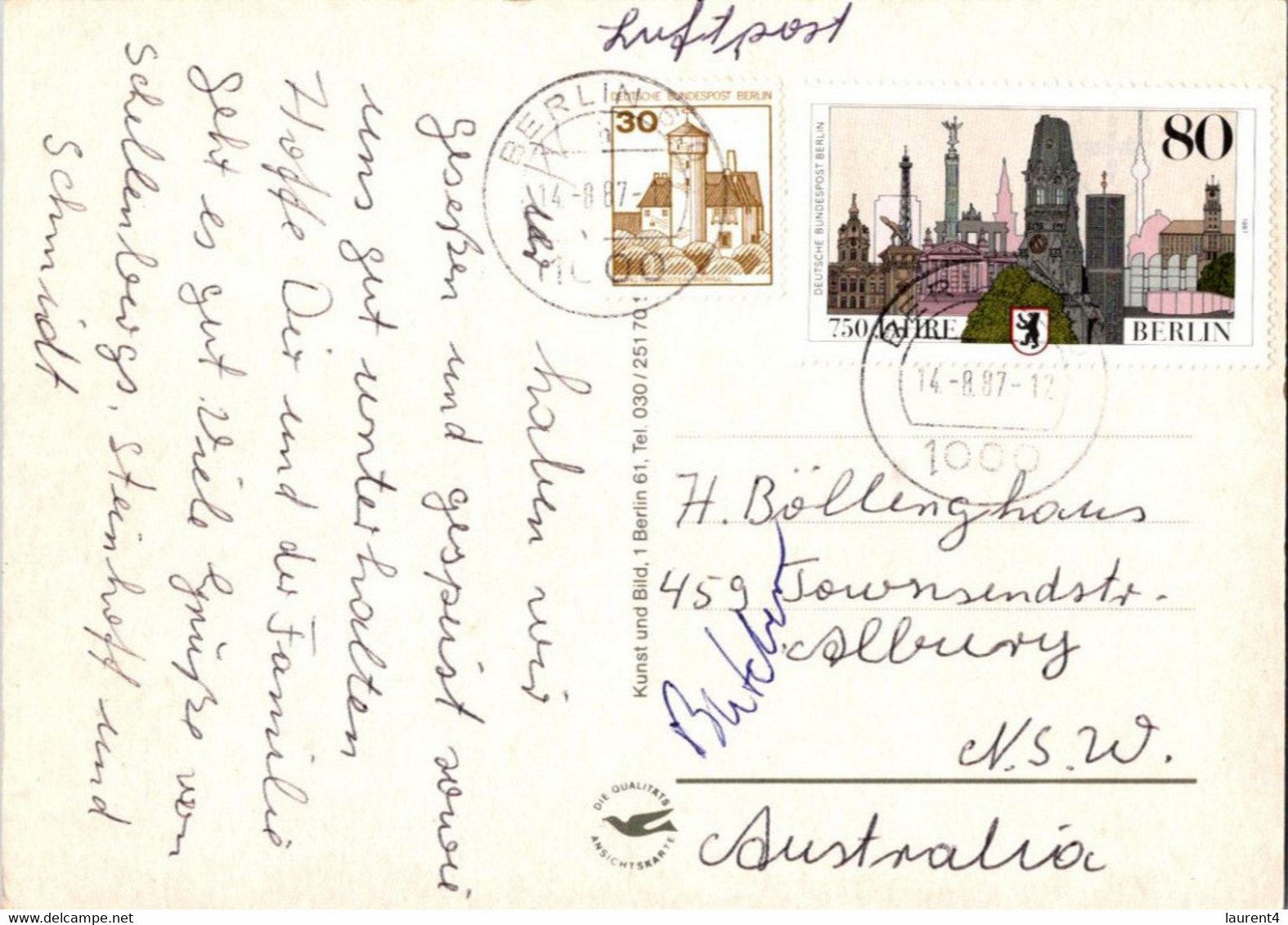 (1 B 6) Posted To Australia In 1987 - Germany - Tegel (River Cruises - Berlin ?) - Tegel