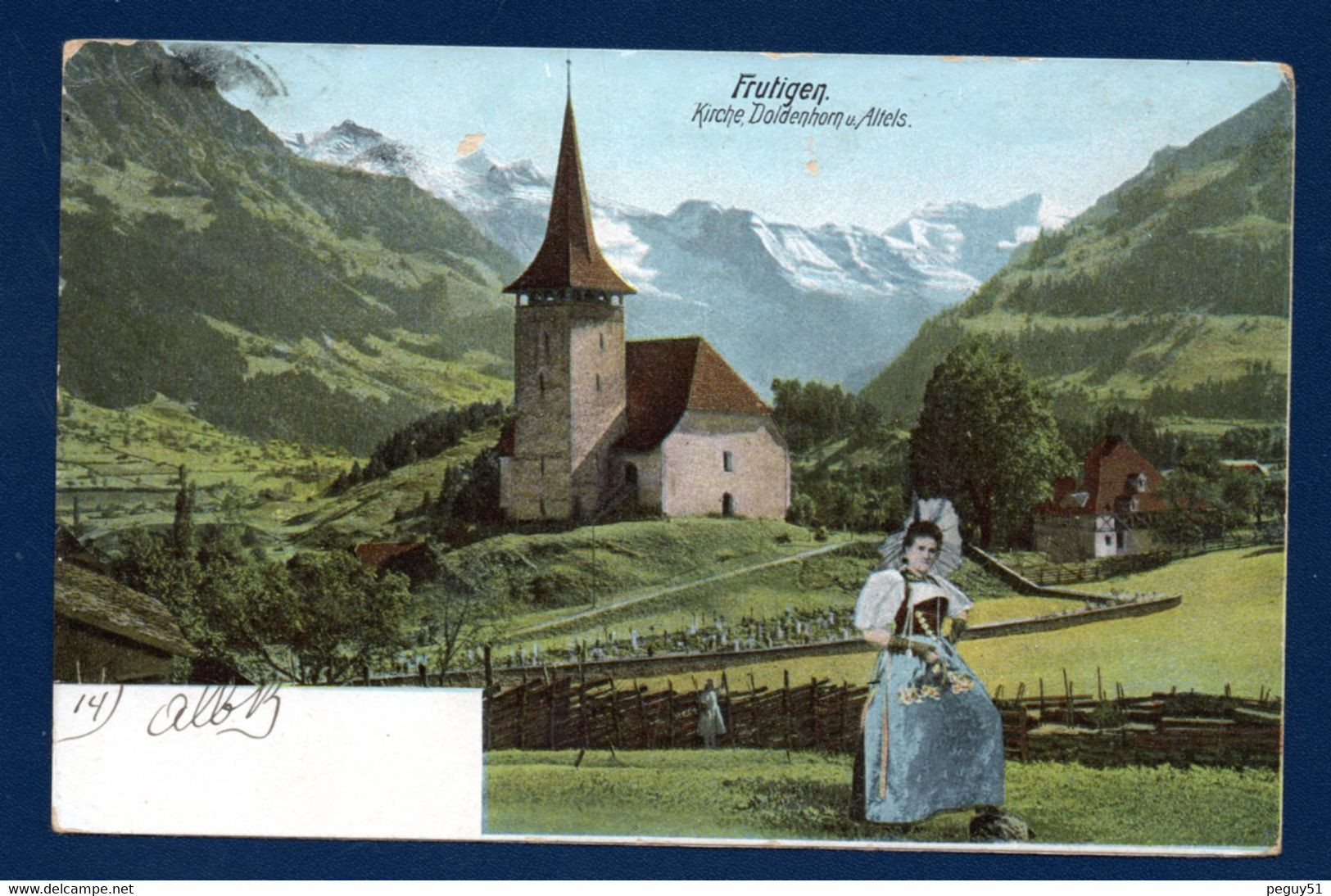 Suisse. Frutigen.Kirche, Doldenhorn Und Altels. Eglise, Cimetière Et Jolie Femme En Costume Traditionnel. 1904 - Frutigen