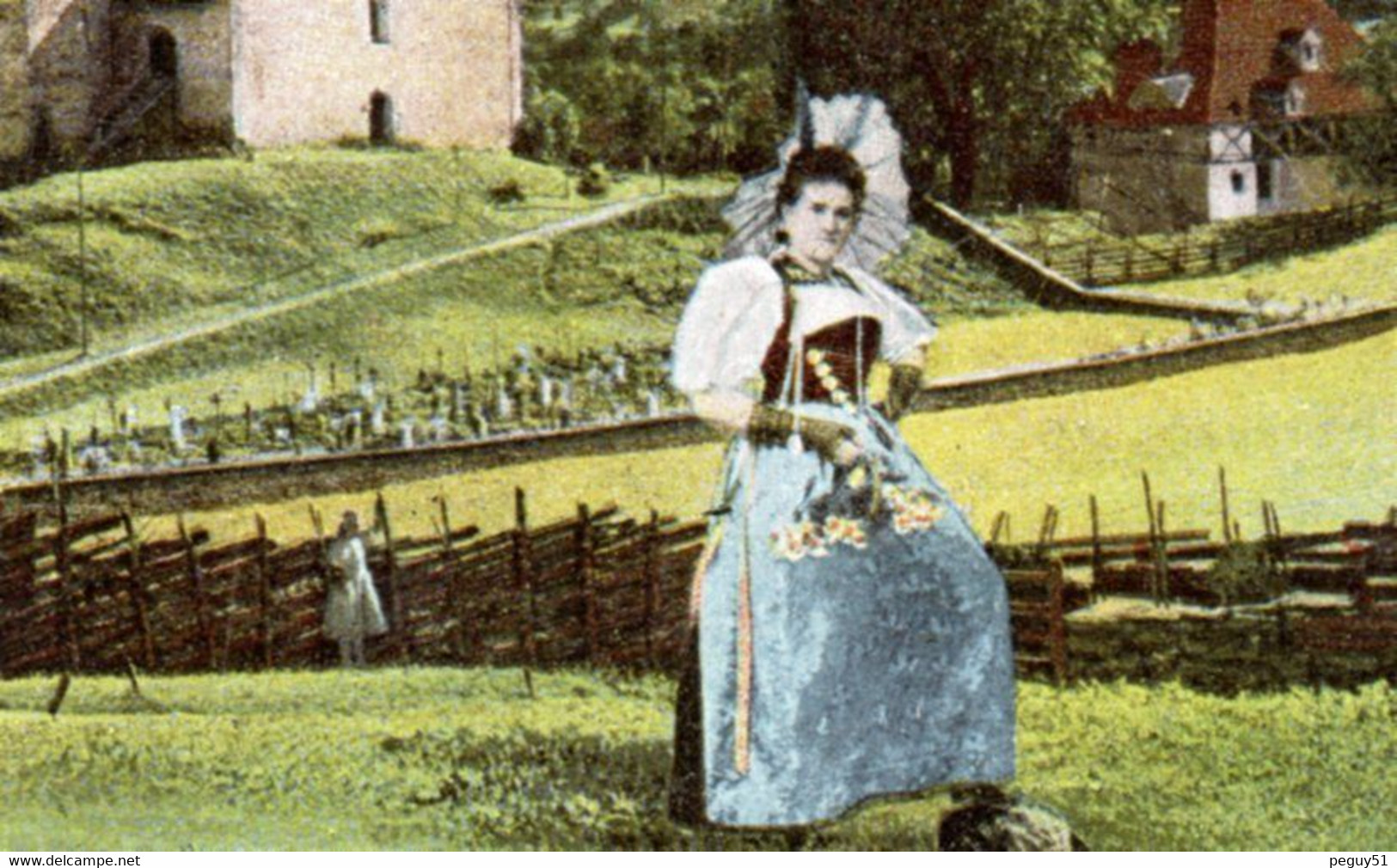 Suisse. Frutigen.Kirche, Doldenhorn Und Altels. Eglise, Cimetière Et Jolie Femme En Costume Traditionnel. 1904 - Frutigen