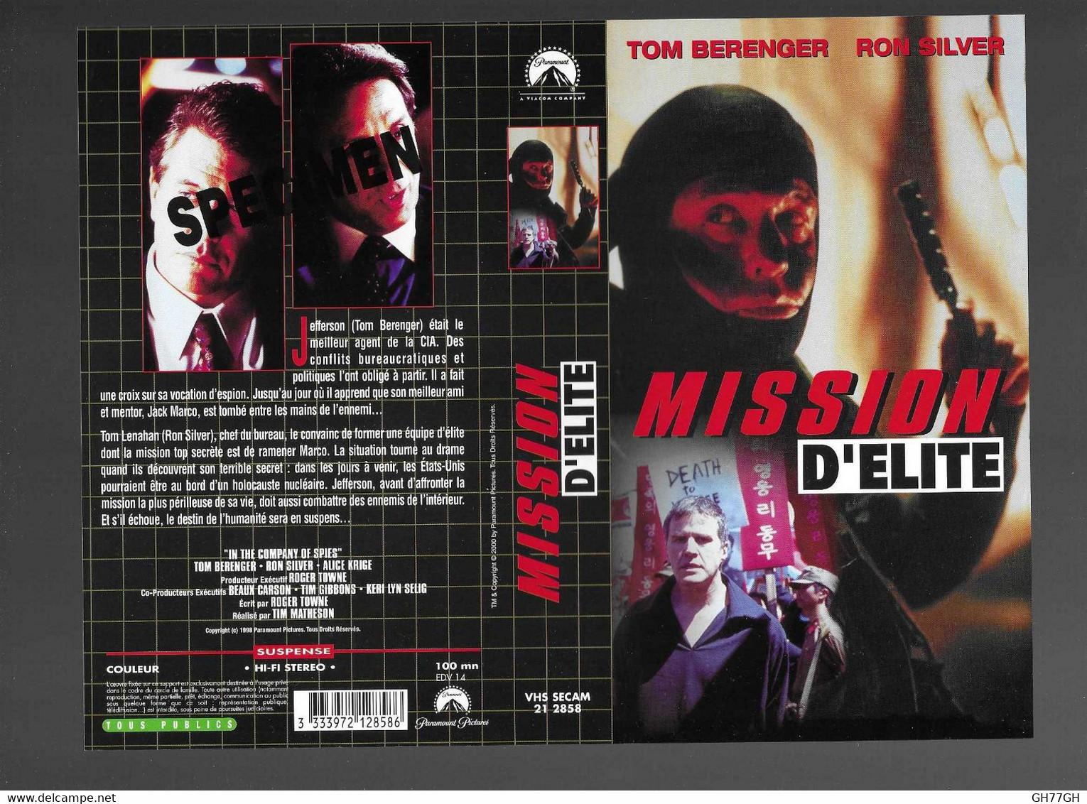 "MISSION D'ELITE" -Jaquette Originale SPECIMEN Vhs Secam PARAMOUNT -Tom Berenger - Action, Aventure