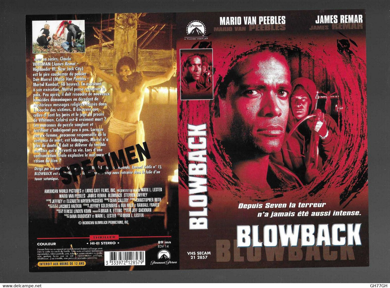 "BLOWBACK" -Jaquette Originale SPECIMEN Vhs Secam PARAMOUNT -mario Van Peebles/james Remar - Actie, Avontuur