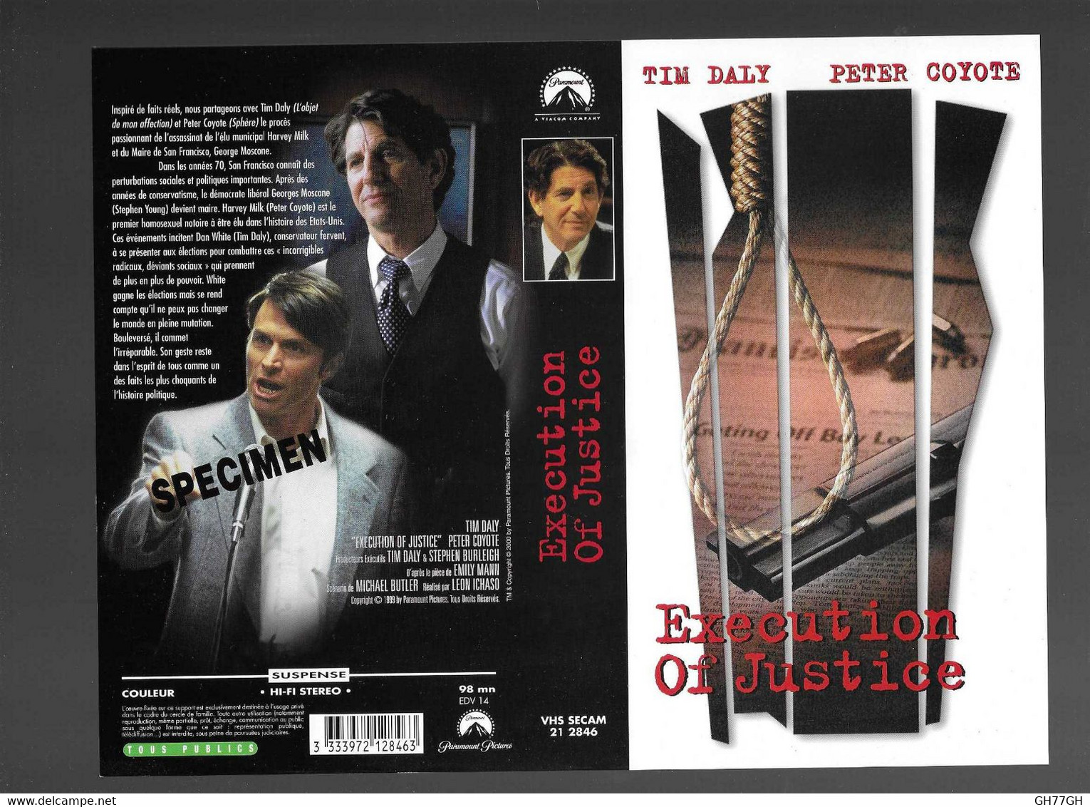 "EXECUTION OF JUSTICE" -Jaquette Originale SPECIMEN Vhs Secam PARAMOUNT -TIM DALY/PETER COYOTE - Geschiedenis